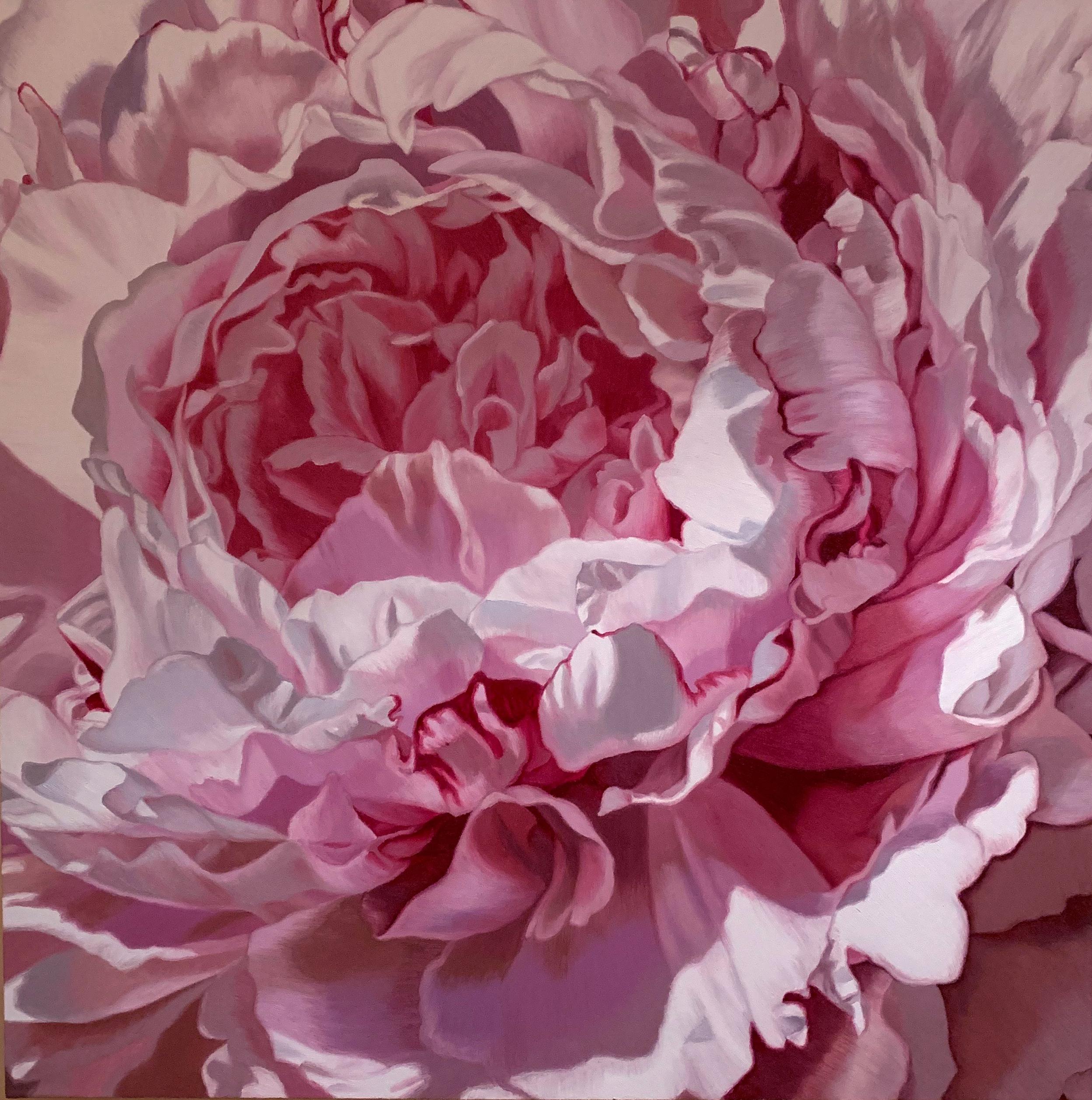 Chloe Hedden Abstract Painting - Shanti (pink flower painting, oil on canvas, realism, floral, petals, close up)