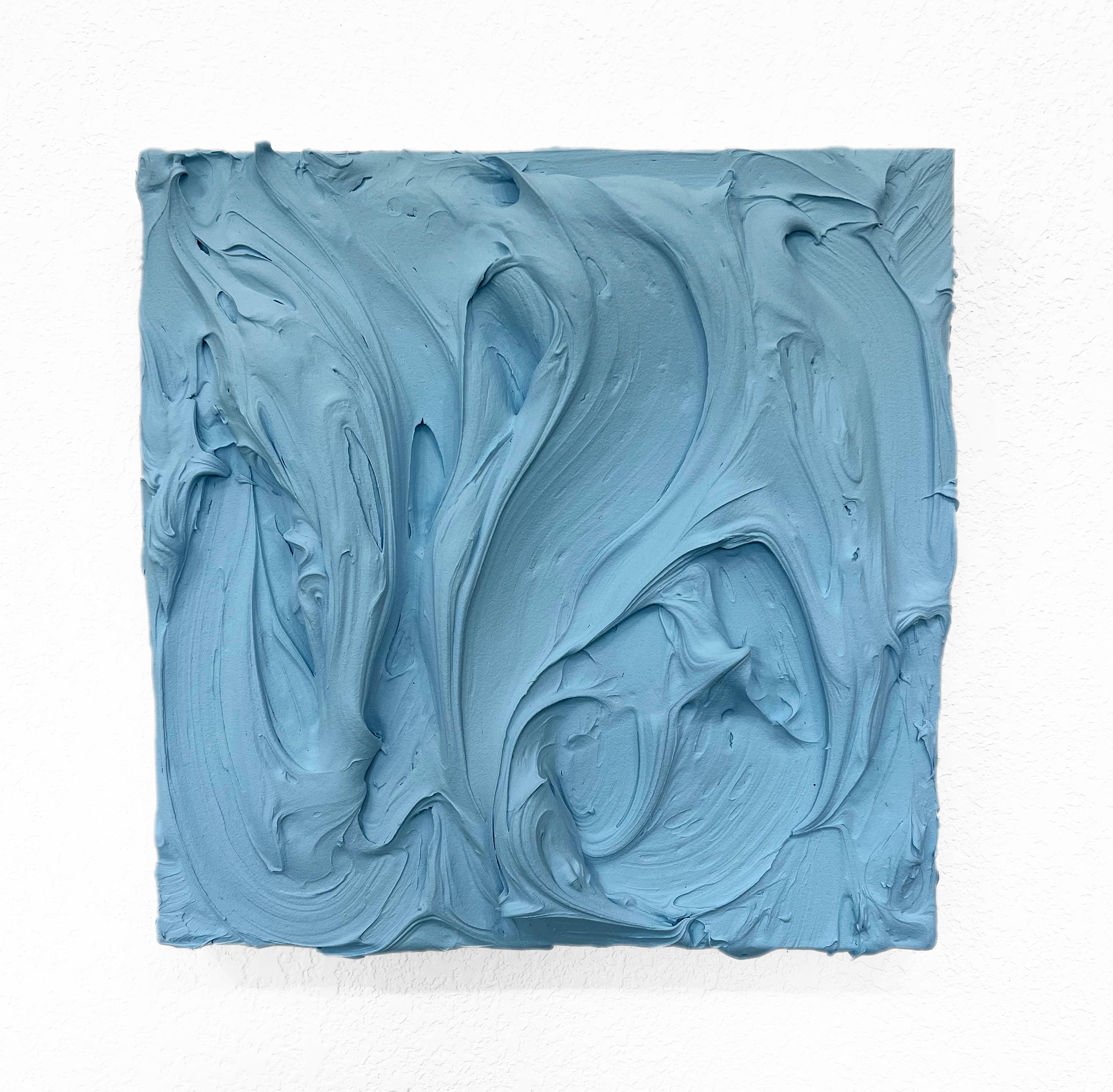 Abstract Sculpture di Chloe Hedden - Sky Blue Excess (pittura a impasto rosa spesso con disegno pop monocromatico quadrato)