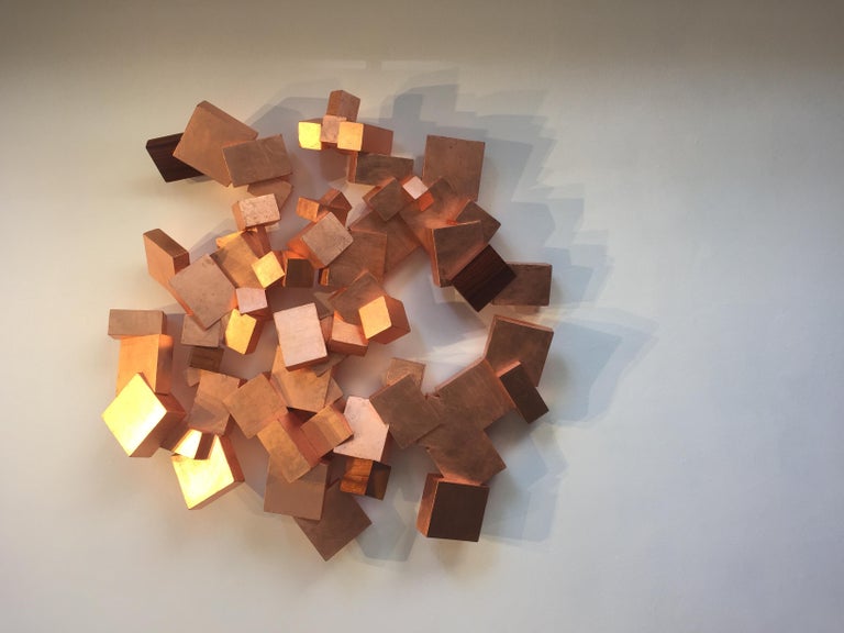 Copper and Boiree Pyrite (wood, metallic art, wall sculpture, cubic, geometric) - Sculpture by Chloe Hedden