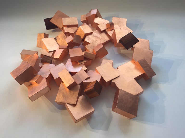 Copper and Boiree Pyrite (wood, metallic art, wall sculpture, cubic, geometric) - Abstract Geometric Sculpture by Chloe Hedden