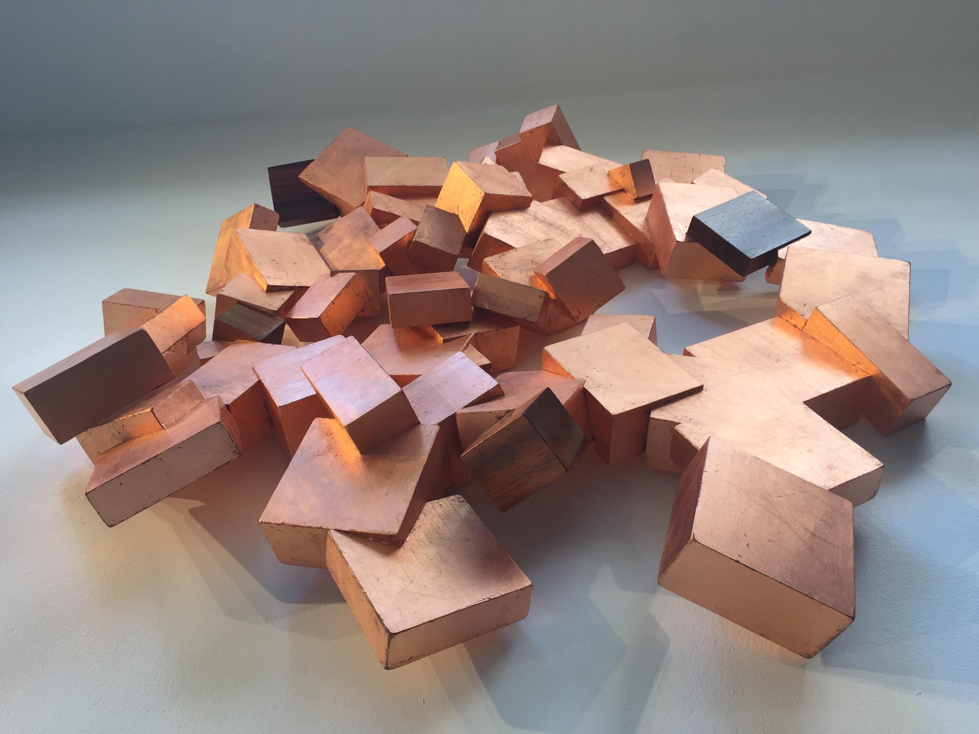 Copper and Boiree Pyrite (wood, metallic art, wall sculpture, cubic, geometric) - Abstract Geometric Sculpture by Chloe Hedden