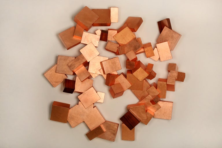 Chloe Hedden Abstract Sculpture - Copper and Boiree Pyrite (wood, metallic art, wall sculpture, cubic, geometric)