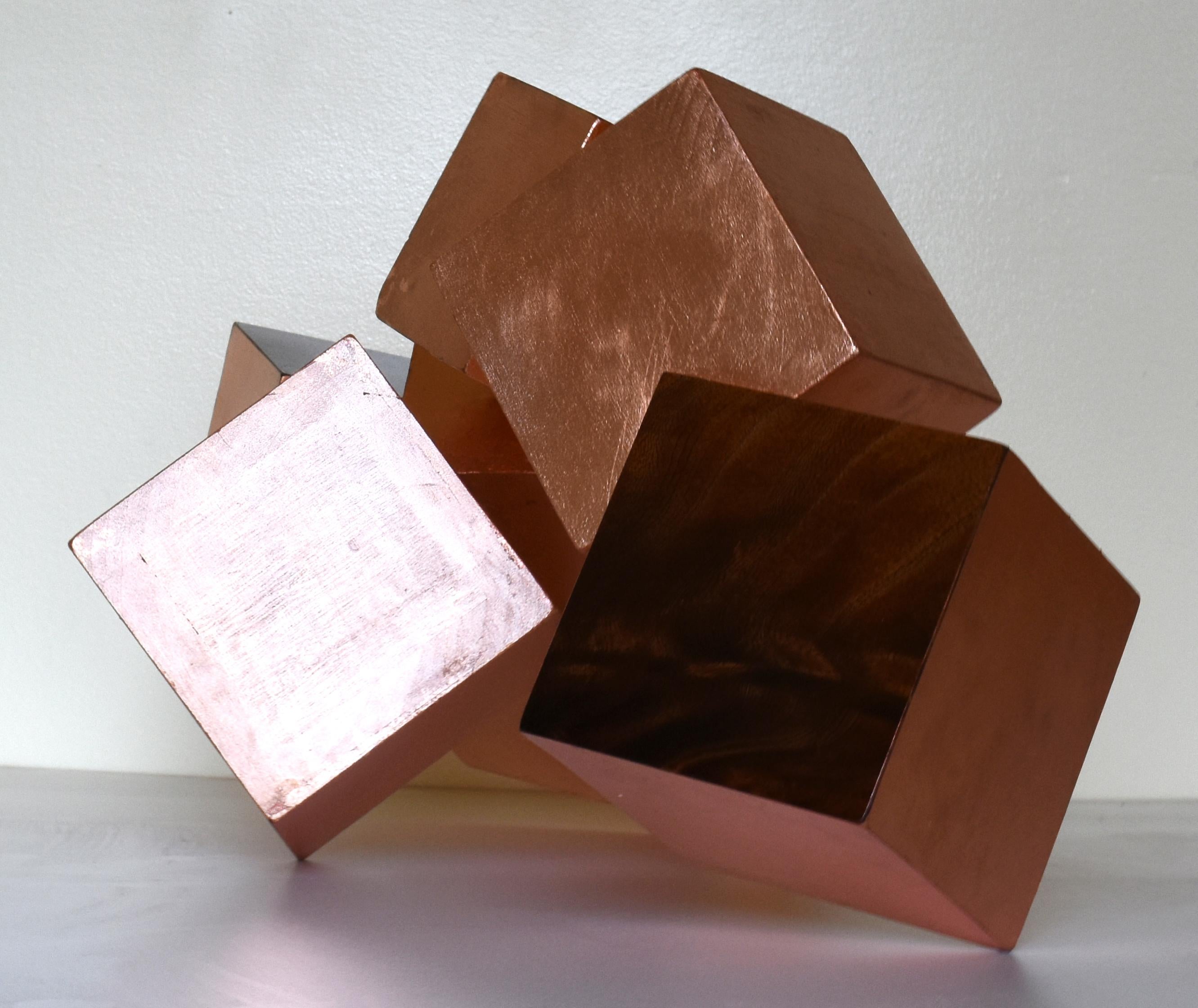 Copper and Mahogany Pyrite (exotic wood, metallic, cubic, table top sculpture) - Brown Abstract Sculpture by Chloe Hedden