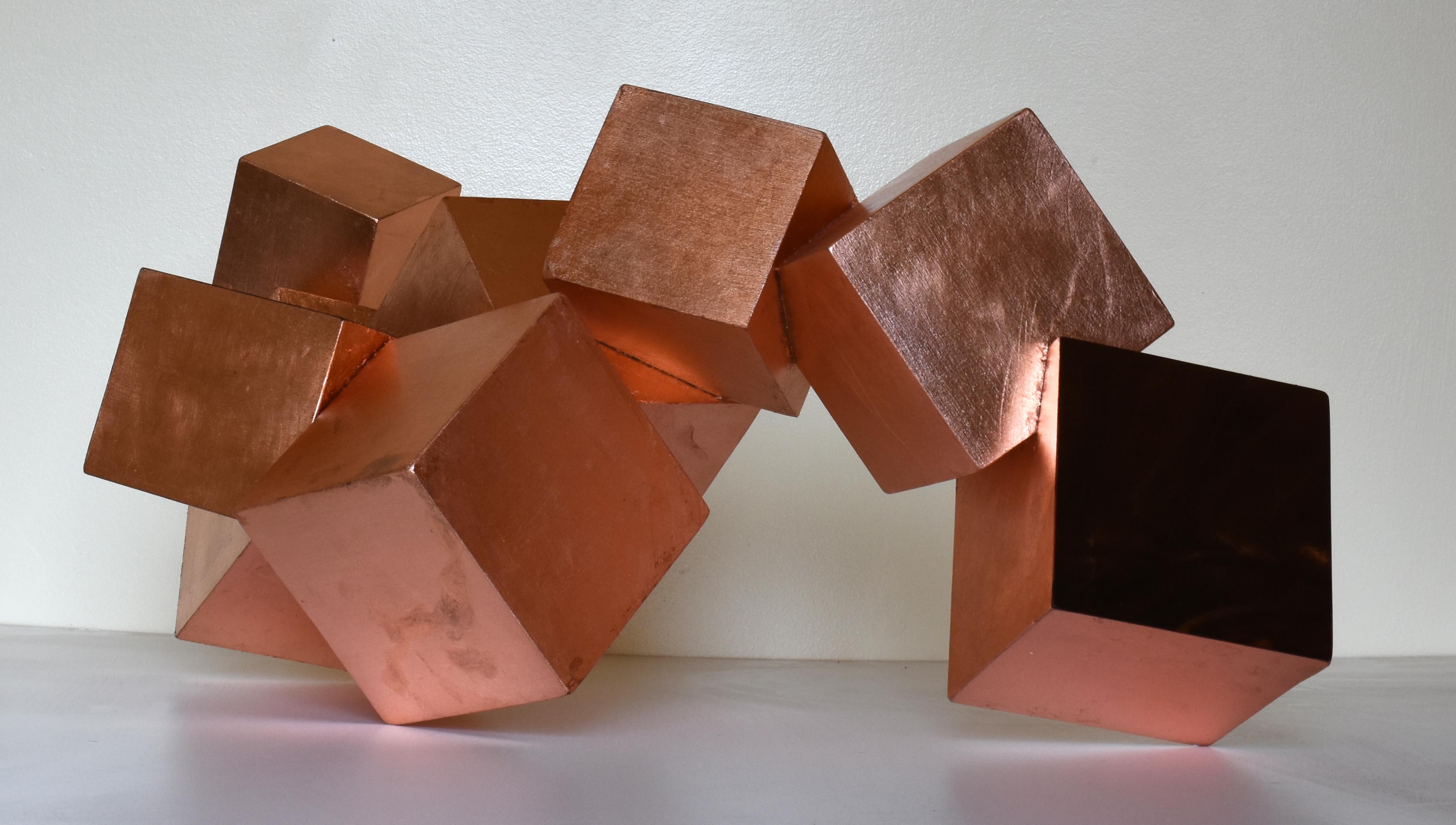 Chloe Hedden Abstract Sculpture - Copper and Mahogany Pyrite (exotic wood, metallic, cubic, table top sculpture)