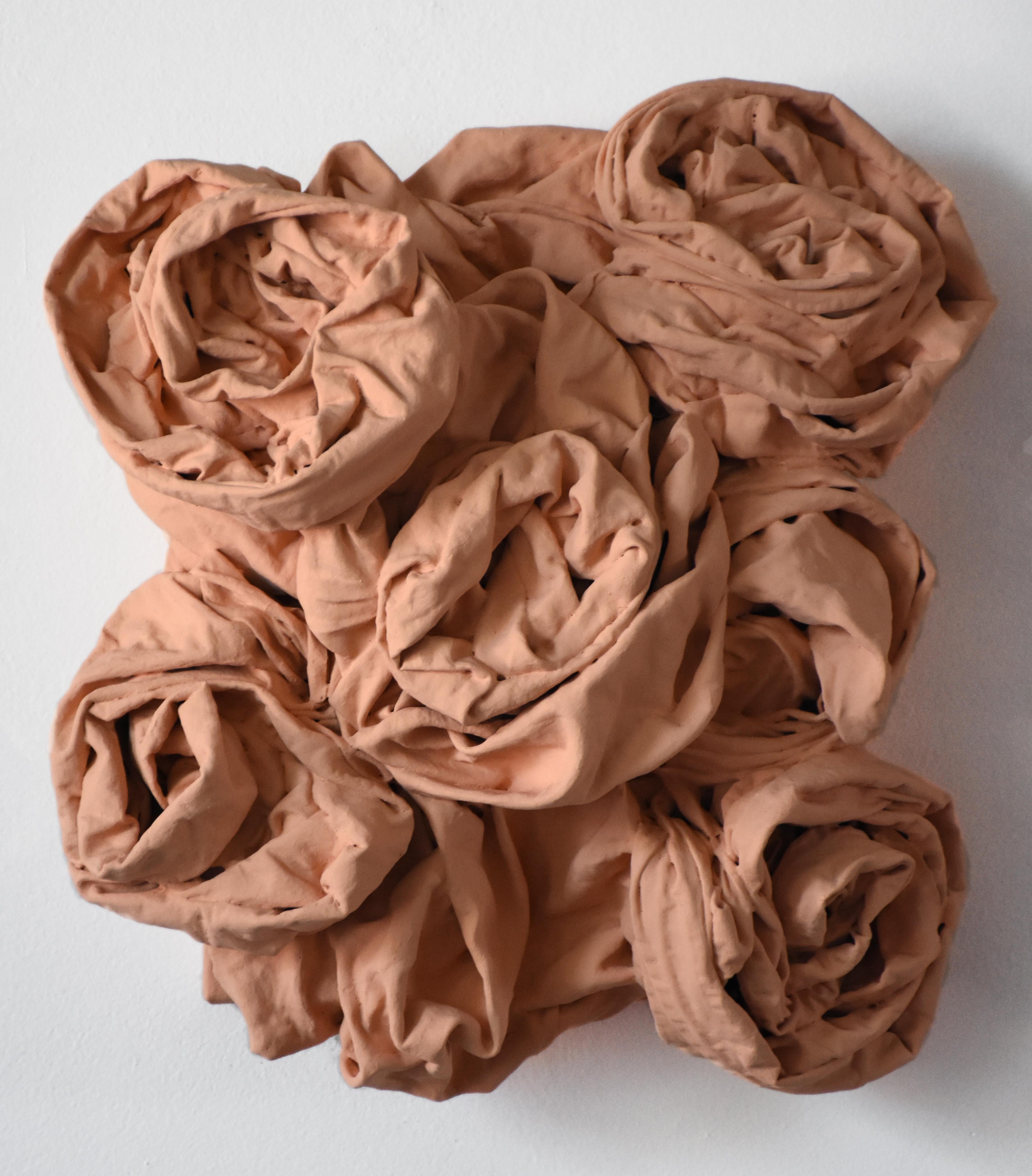 Flesh Rosettes (rose, pink wall sculpture, folds, fabric, contemporary design) - Mixed Media Art by Chloe Hedden