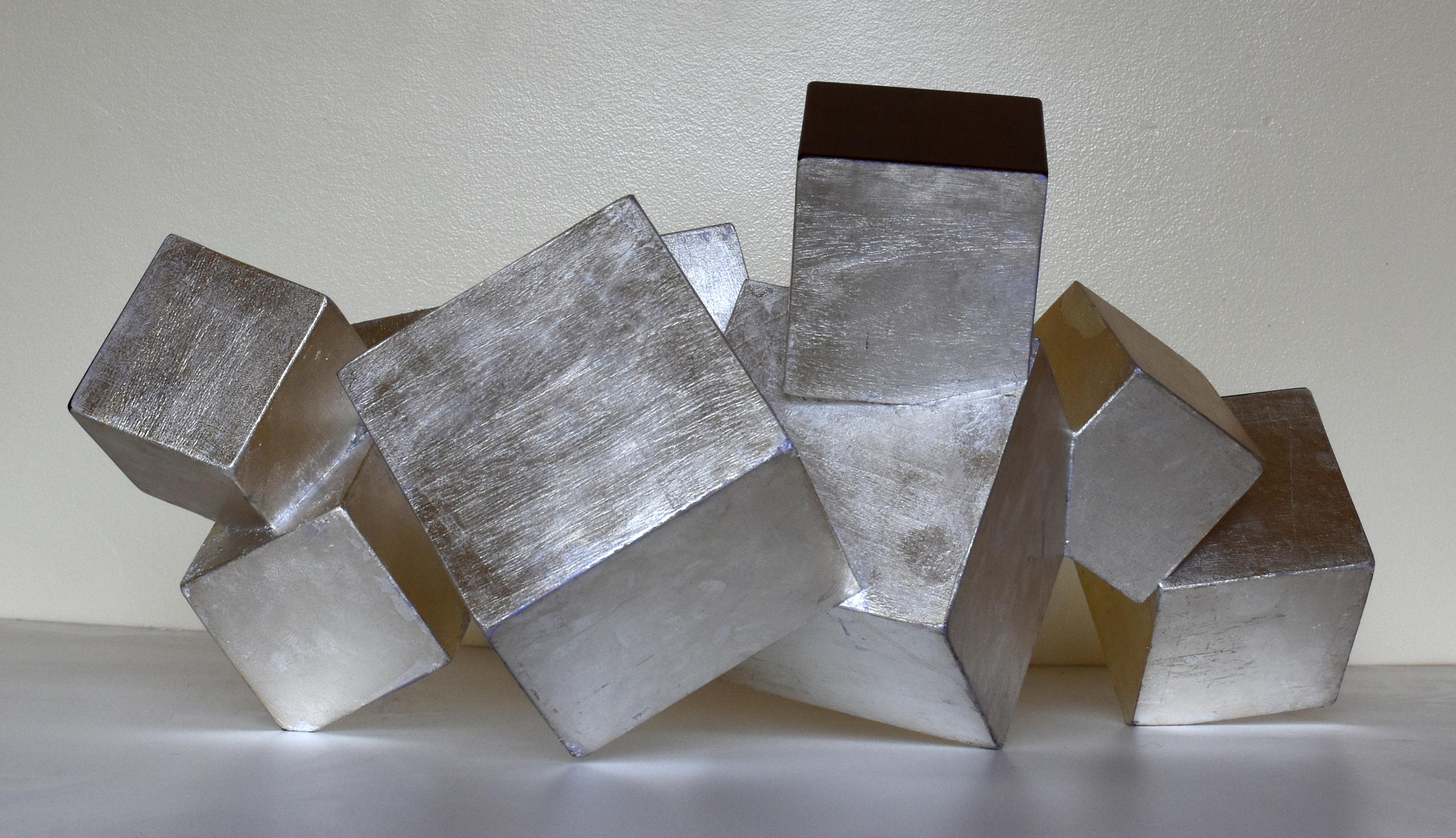 Sterling Silver and Purpleheart Pyrite (wood tabletop sculpture, metallic, cubic - Abstract Geometric Mixed Media Art by Chloe Hedden