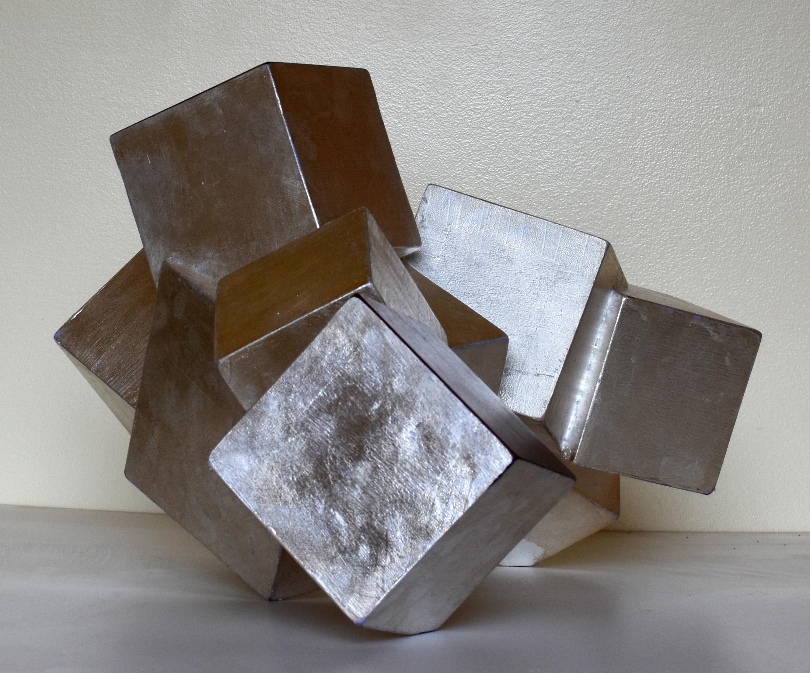 Sterling Silver and Purpleheart Pyrite (wood tabletop sculpture, metallic, cubic 2