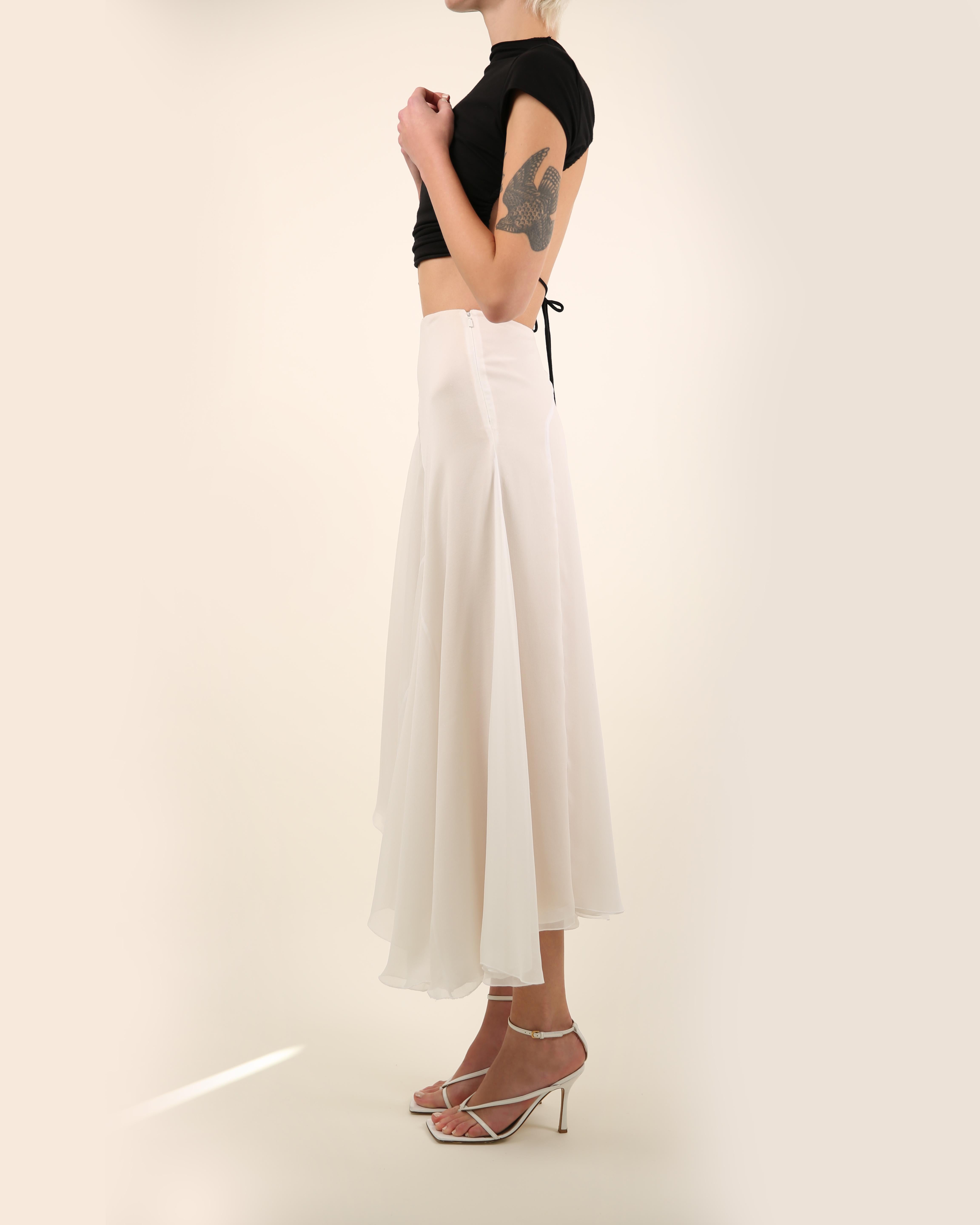 Chloe high waisted flowing white layered midi length a line flare silk skirt  4