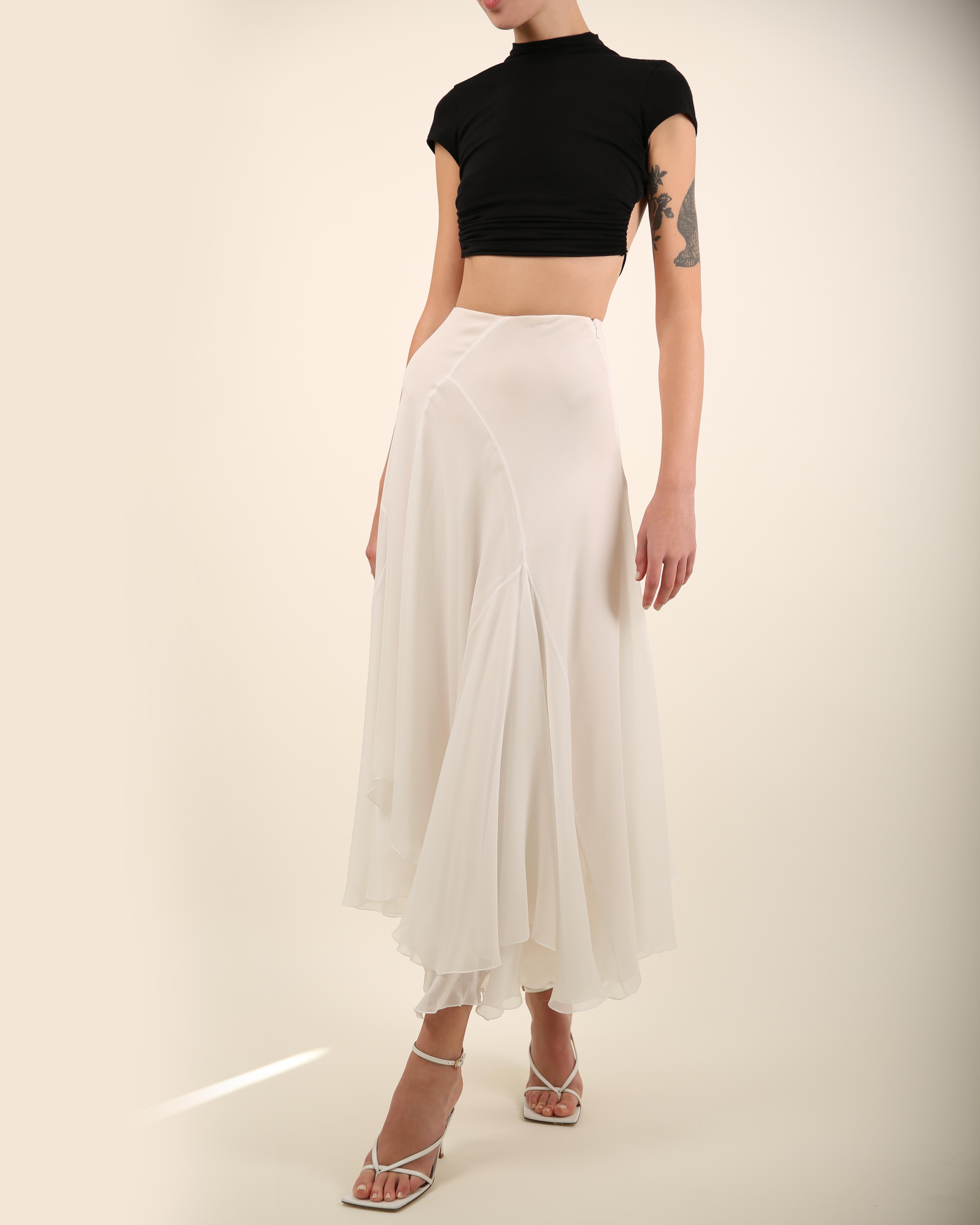 Women's Chloe high waisted flowing white layered midi length a line flare silk skirt 