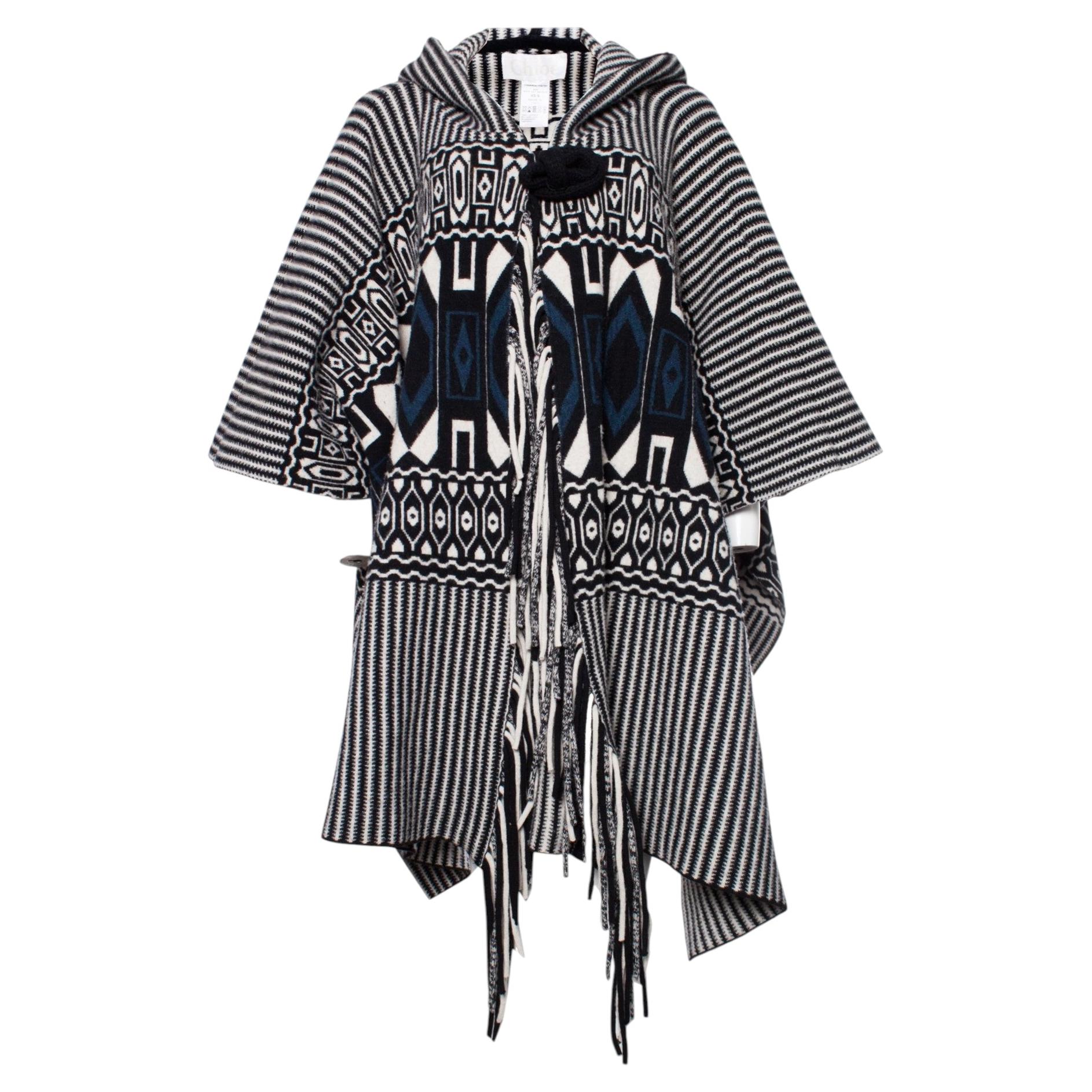 Chloe, Hooded poncho with ethnic print For Sale