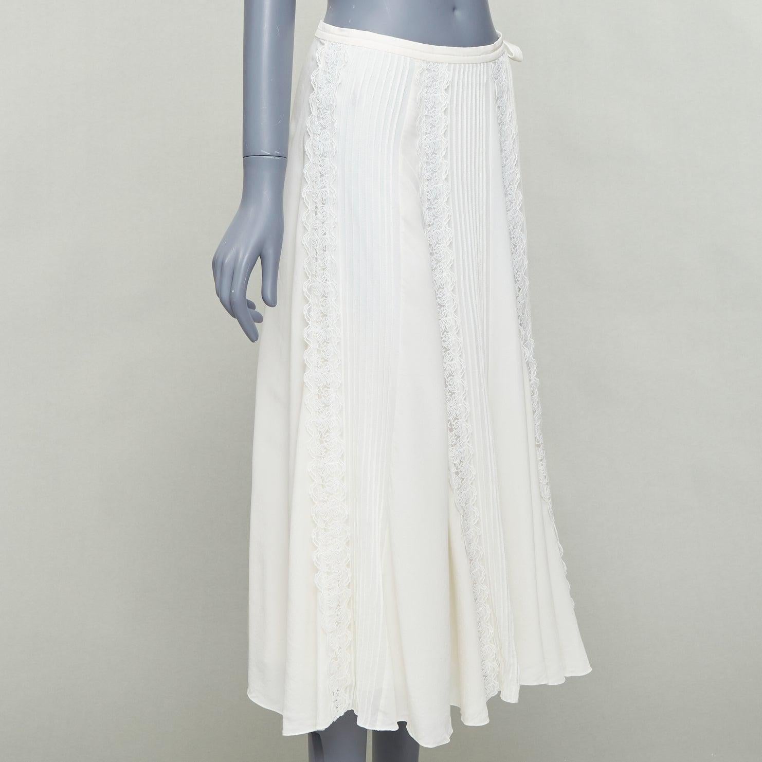 Gray CHLOE Iconic Milk cream 100% silk lace trim pleated midi skirt FR36 S