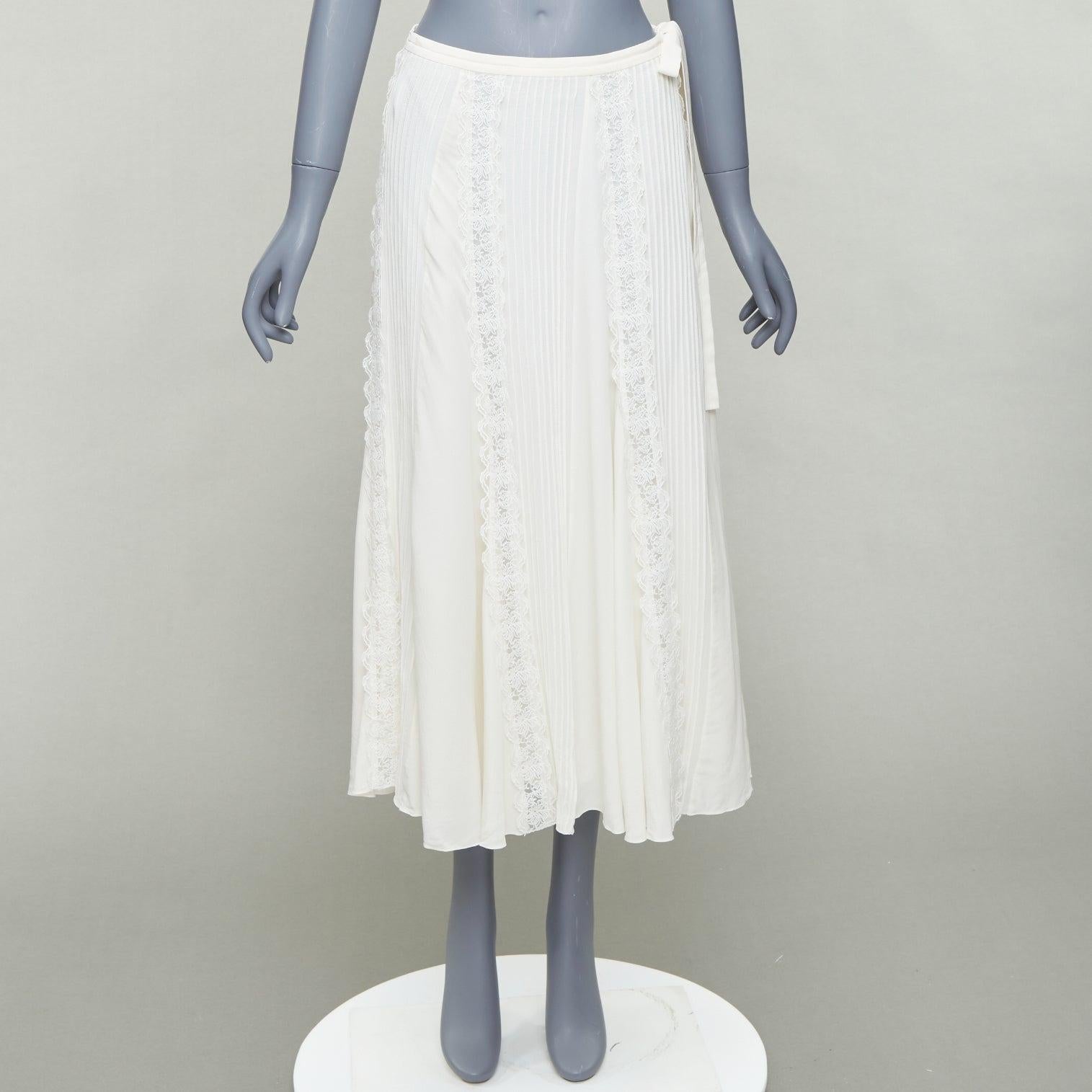 CHLOE Iconic Milk cream 100% silk lace trim pleated midi skirt FR36 S 4