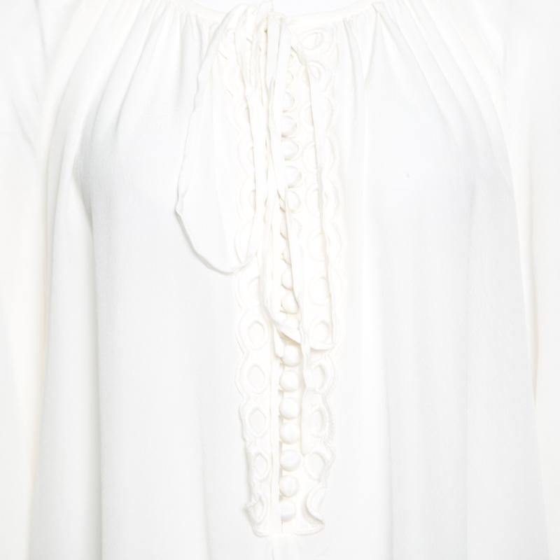 Women's Chloe Iconic Milk White Silk Scalloped Lace Trim Peasant Blouse L