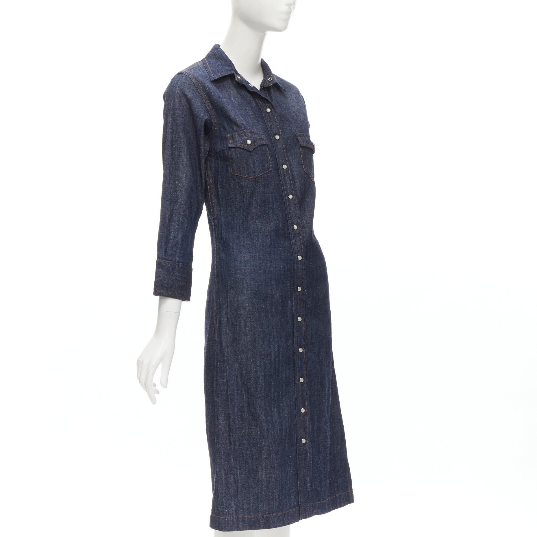 Blue CHLOE indigo blue denim button front topstitched 3/4 sleeve dress IT36 XXS For Sale