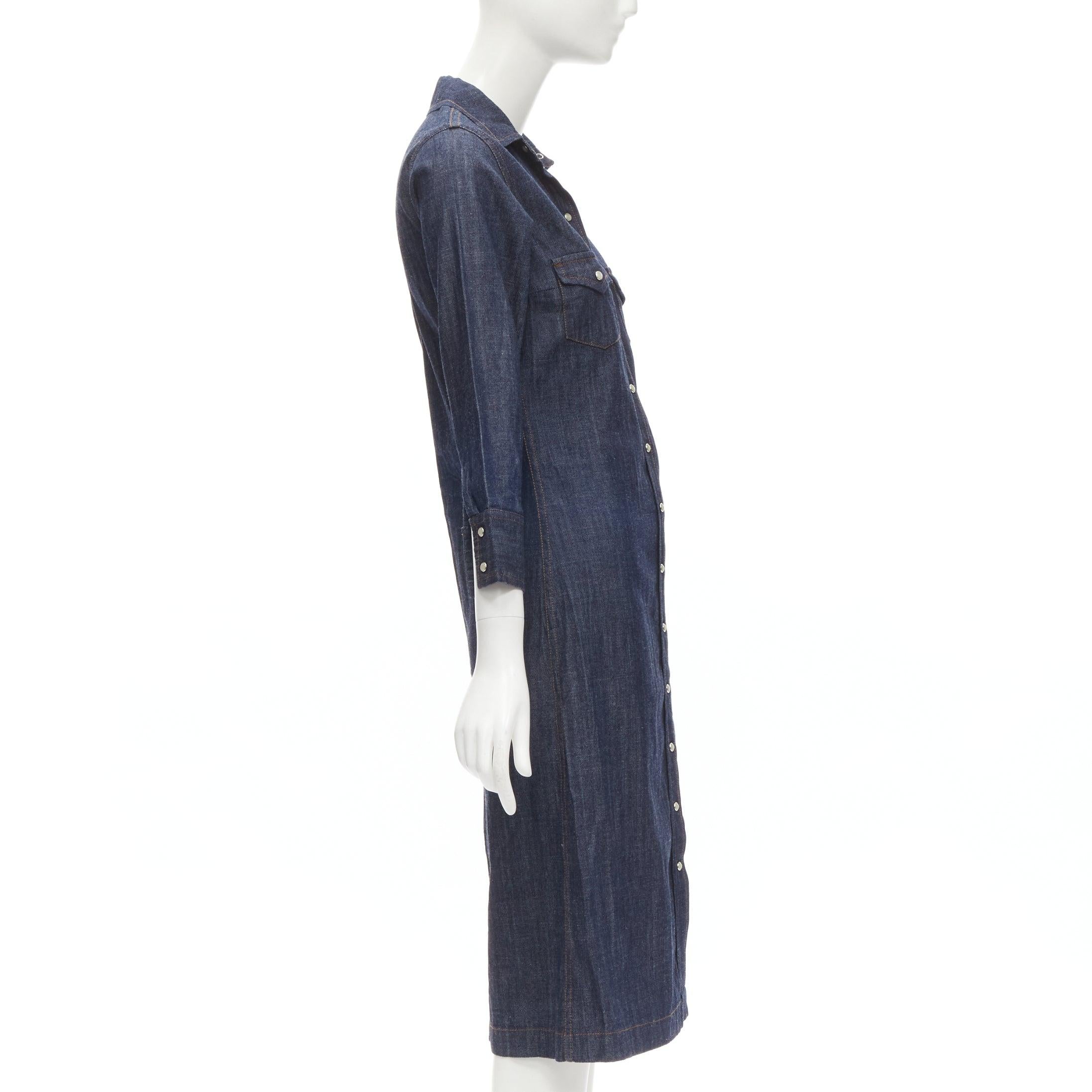 CHLOE indigo blue denim button front topstitched 3/4 sleeve dress IT36 XXS In Good Condition For Sale In Hong Kong, NT