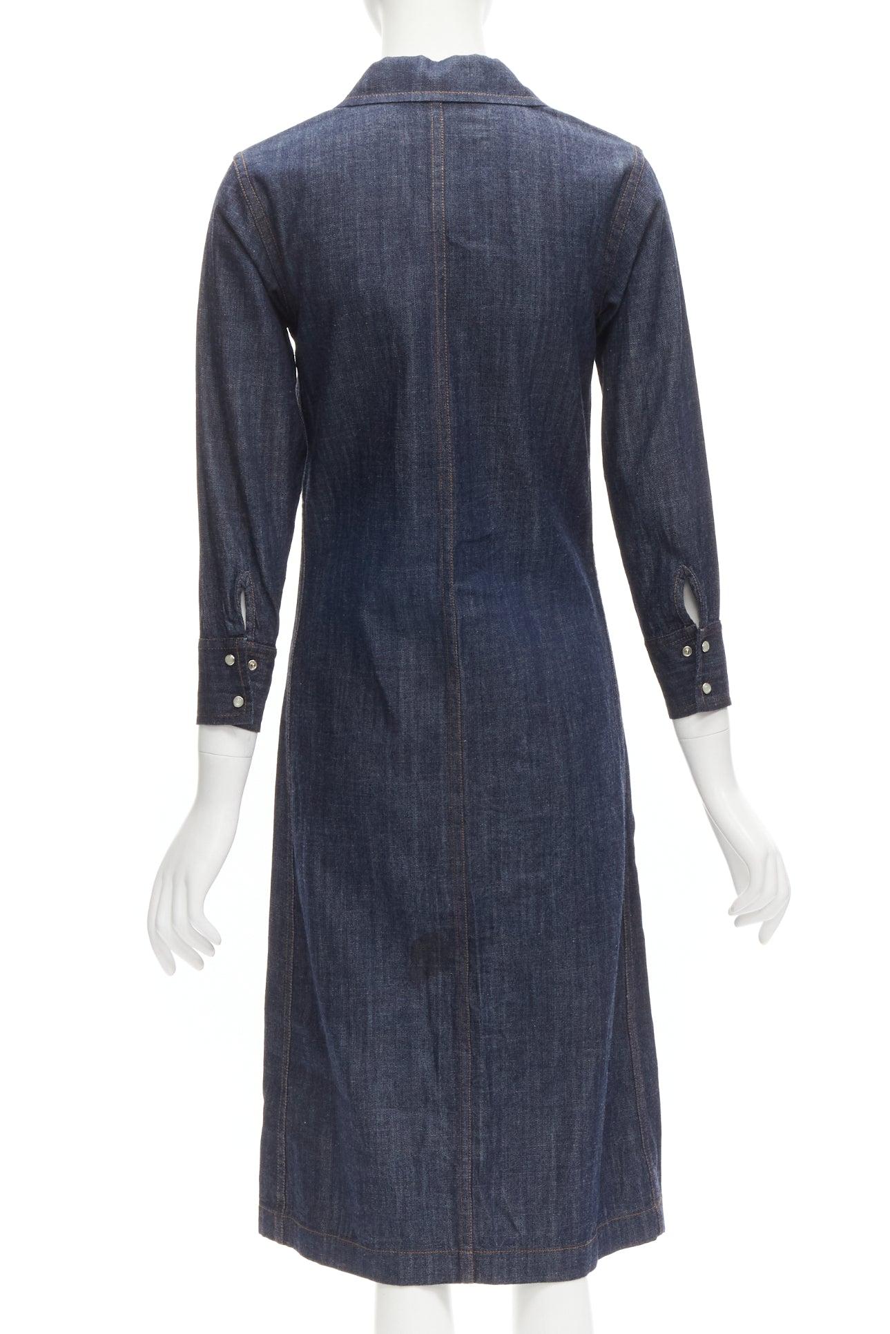 Women's CHLOE indigo blue denim button front topstitched 3/4 sleeve dress IT36 XXS