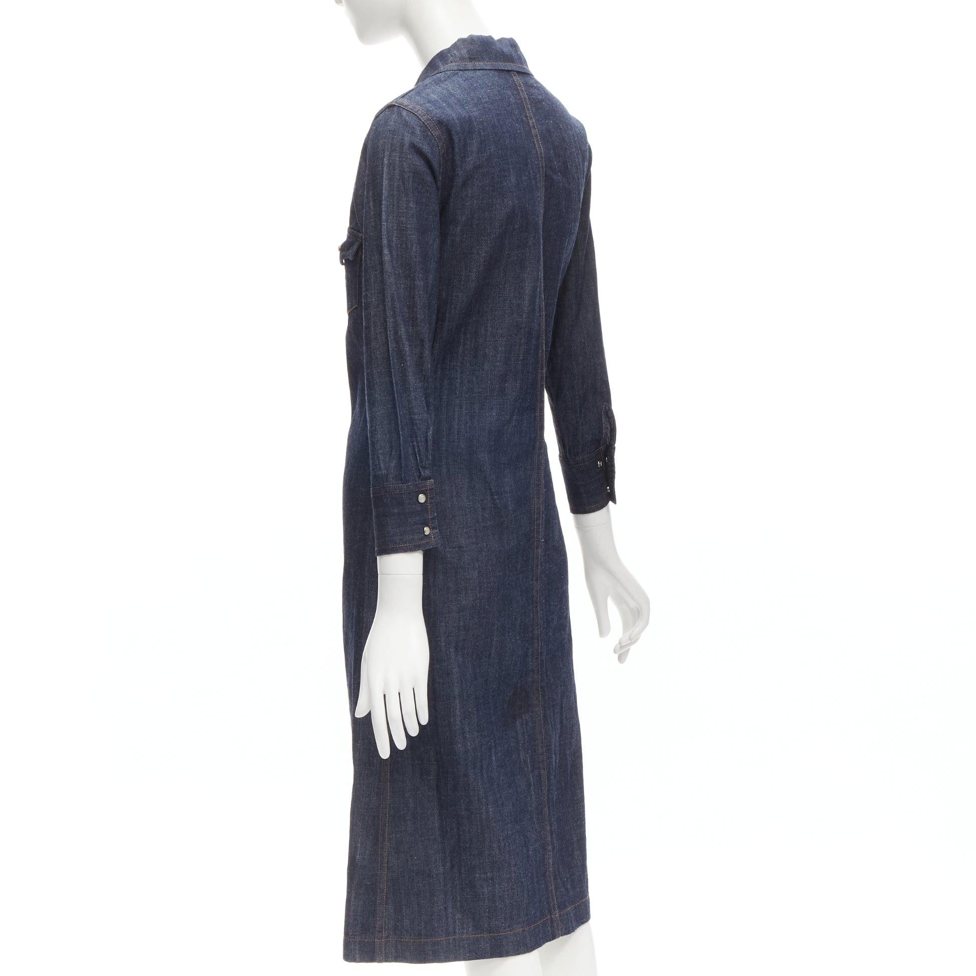 CHLOE indigo blue denim button front topstitched 3/4 sleeve dress IT36 XXS 1