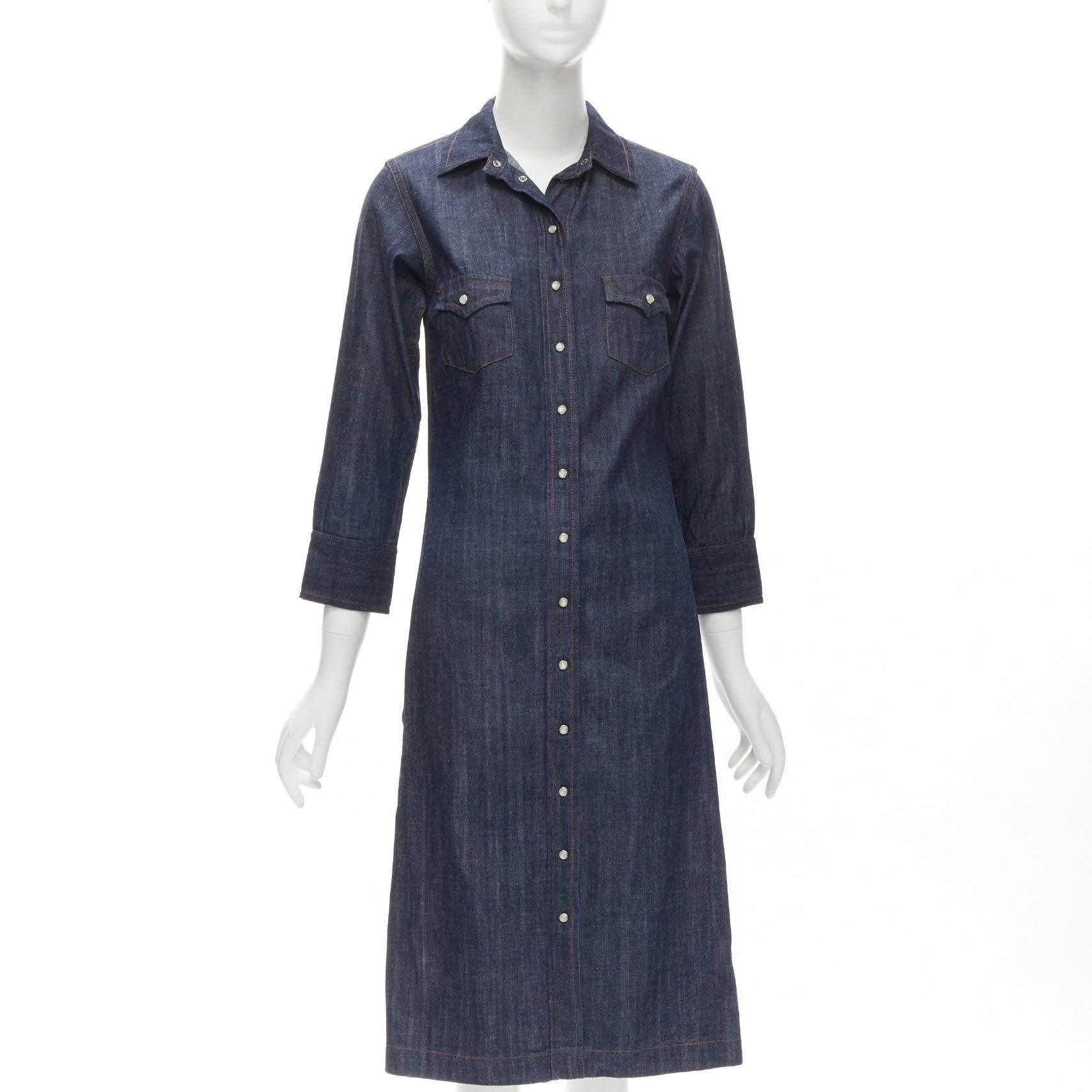 CHLOE indigo blue denim button front topstitched 3/4 sleeve dress IT36 XXS For Sale