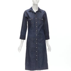 CHLOE indigo blue denim button front topstitched 3/4 sleeve dress IT36 XXS