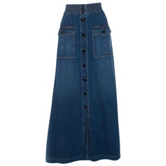 Chloe Indigo Denim Button Front Flared Maxi Skirt L