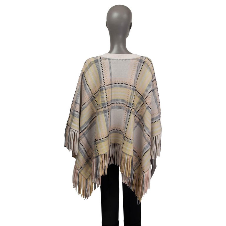 Flash Bore Psychological CHLOE ivory nude yellow wool cashmere PLAID FRINGED PONCHO Sweater XS - S  For Sale at 1stDibs