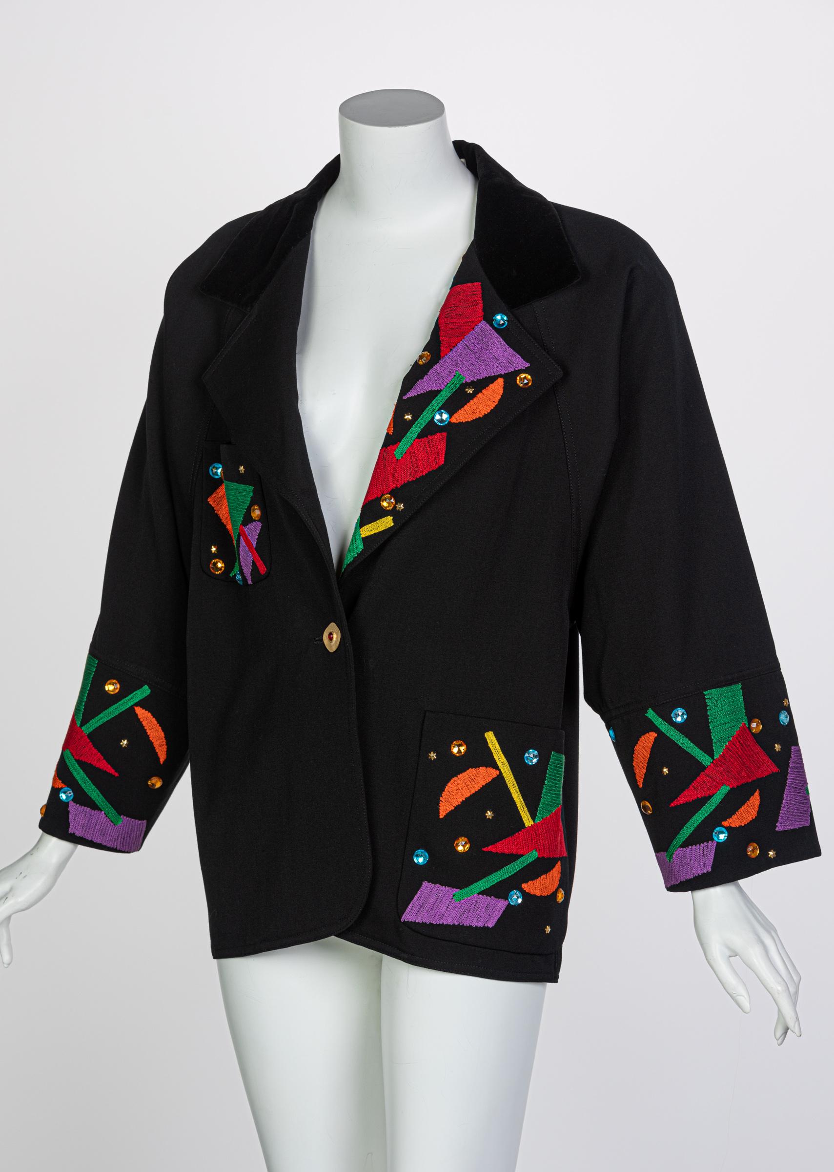 Chloe Karl Lagerfeld Black Colorful Memphis Embroidered Jacket , 1980s In Excellent Condition In Boca Raton, FL