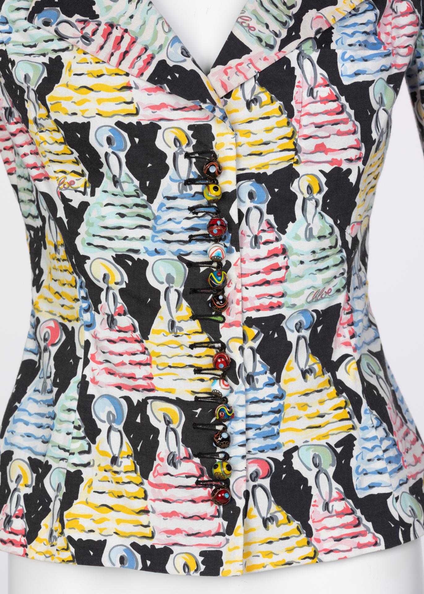 Gris Chloé  Karl Lagerfeld - Blazer à boutons peints, imprimé figuratif coup de pinceau, 1996 en vente