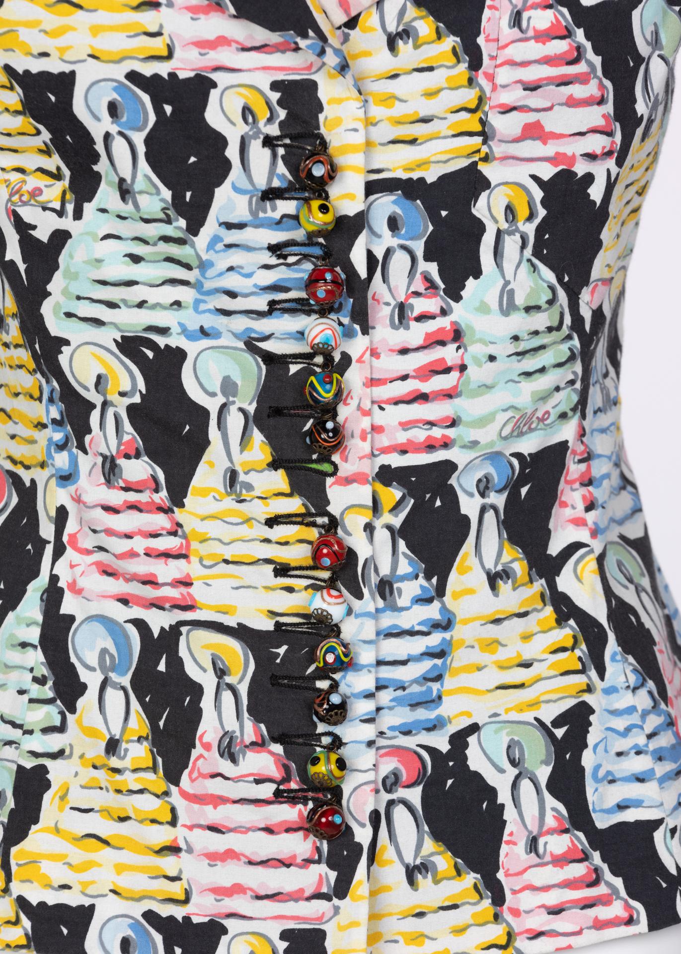 Chloé  Karl Lagerfeld - Blazer à boutons peints, imprimé figuratif coup de pinceau, 1996 Excellent état - En vente à Boca Raton, FL