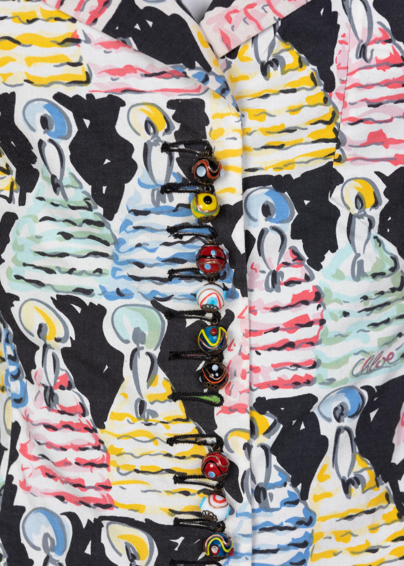 Chloé  Karl Lagerfeld - Blazer à boutons peints, imprimé figuratif coup de pinceau, 1996 Pour femmes en vente