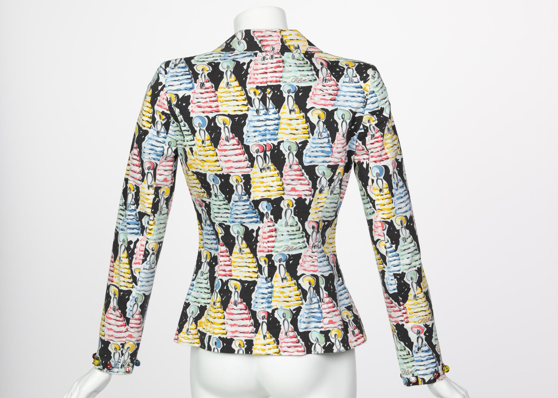 Chloé - Chloé  Karl Lagerfeld - Blazer à boutons peints à imprimé figuratif coup de pinceau, 1996 en vente 2