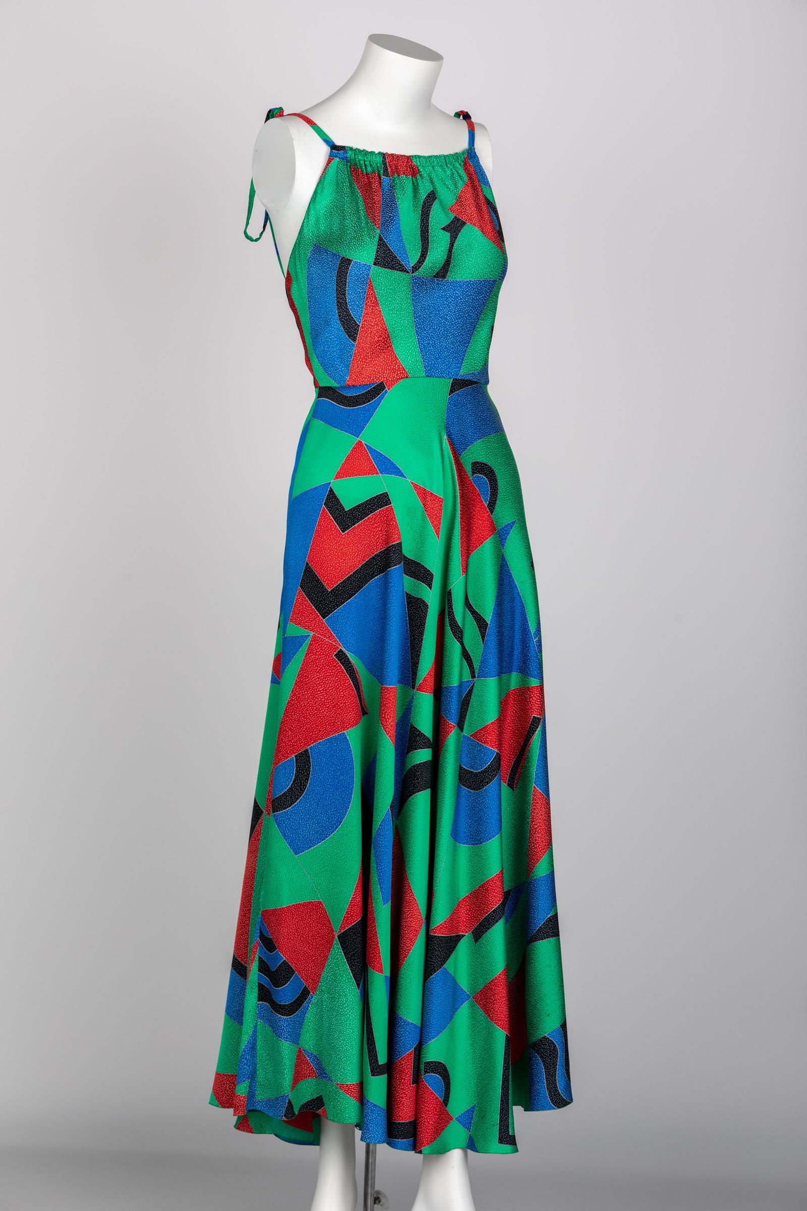 Vert Robe sans manches en soie imprimée verte cubiste Chloe Karl Lagerfeld, 1970 en vente