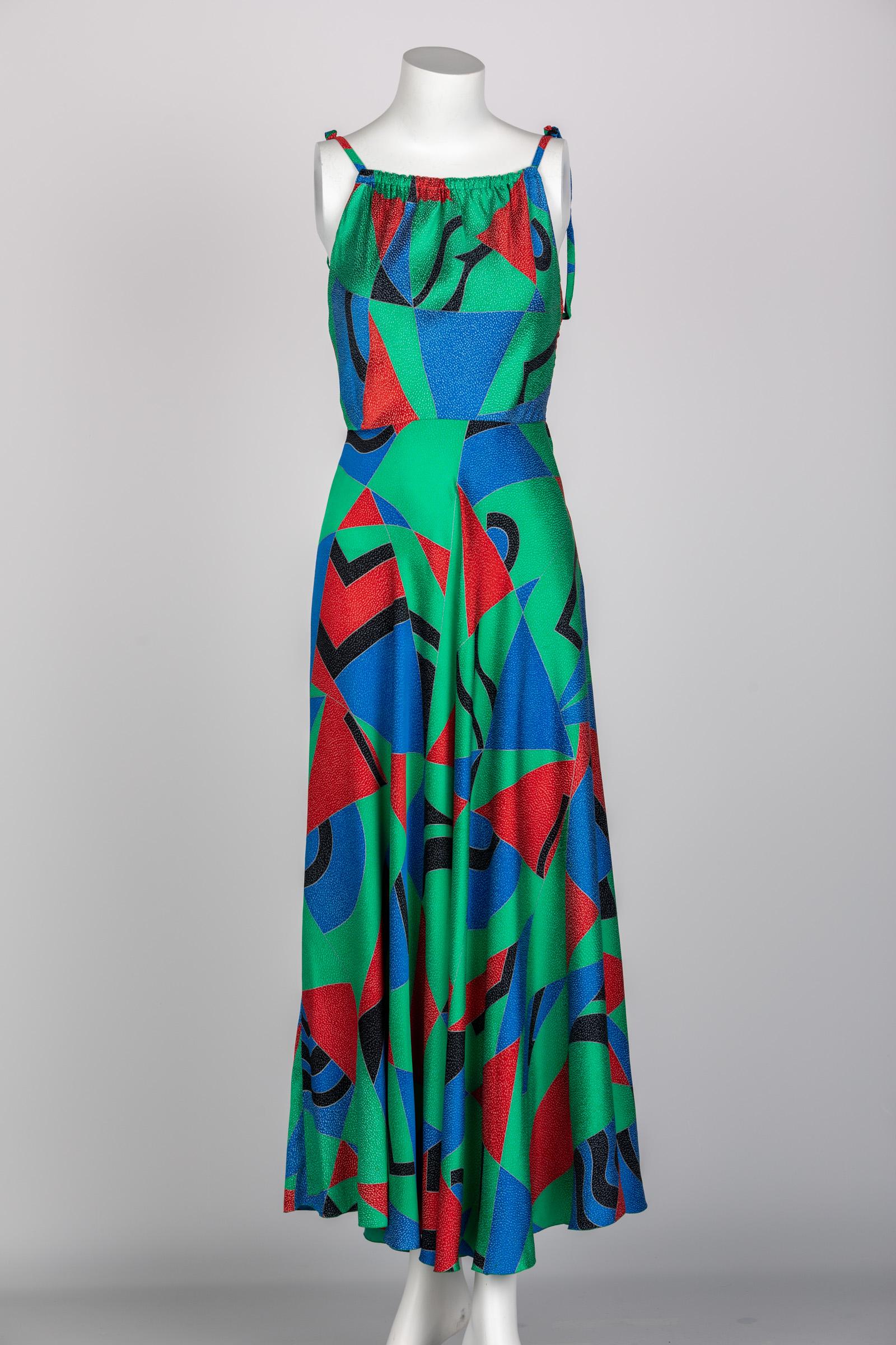 Robe sans manches en soie imprimée verte cubiste Chloe Karl Lagerfeld, 1970 Bon état - En vente à Boca Raton, FL