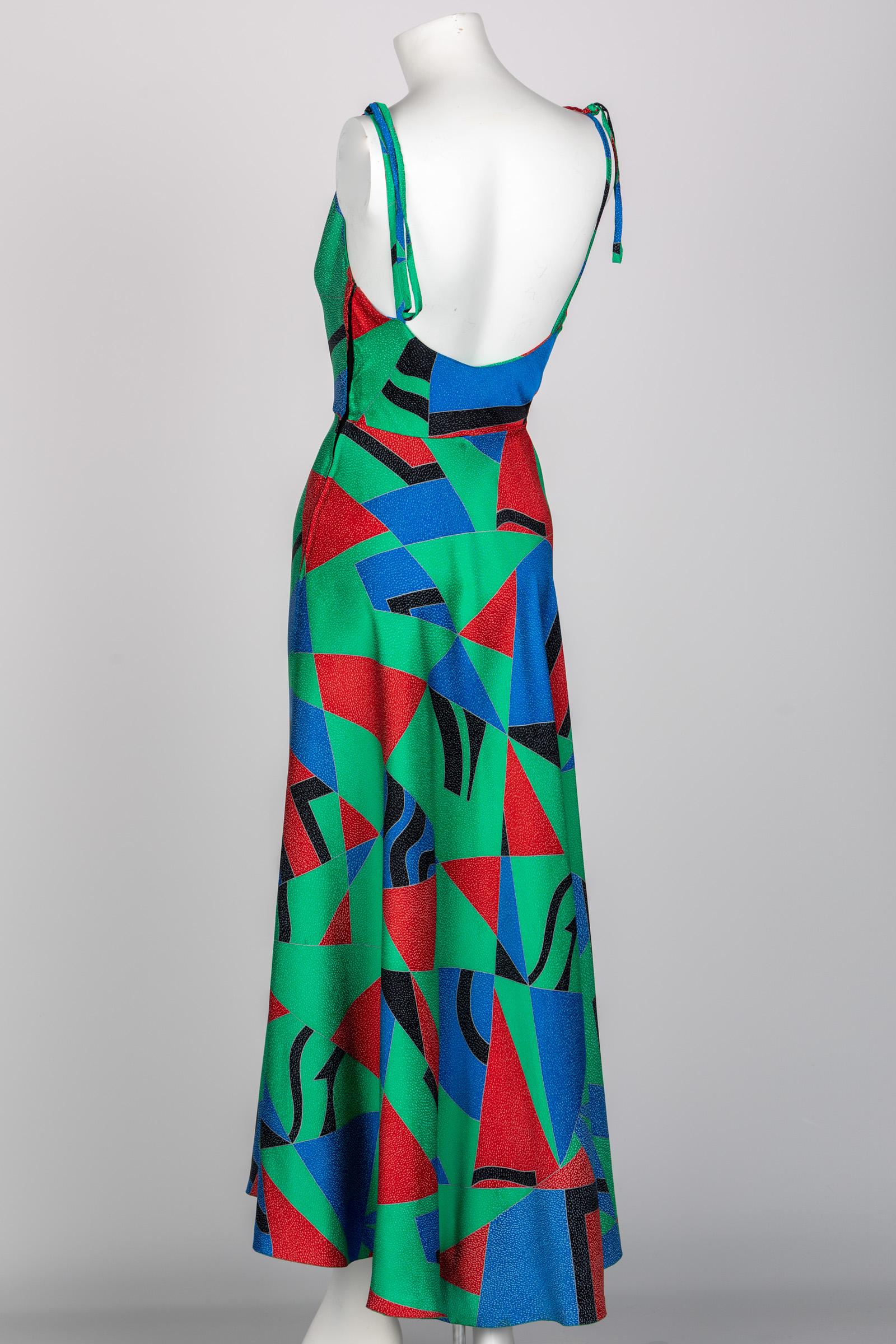 Chloe Karl Lagerfeld Cubist Green Silk Print Sleeveless Dress, 1970s In Good Condition In Boca Raton, FL