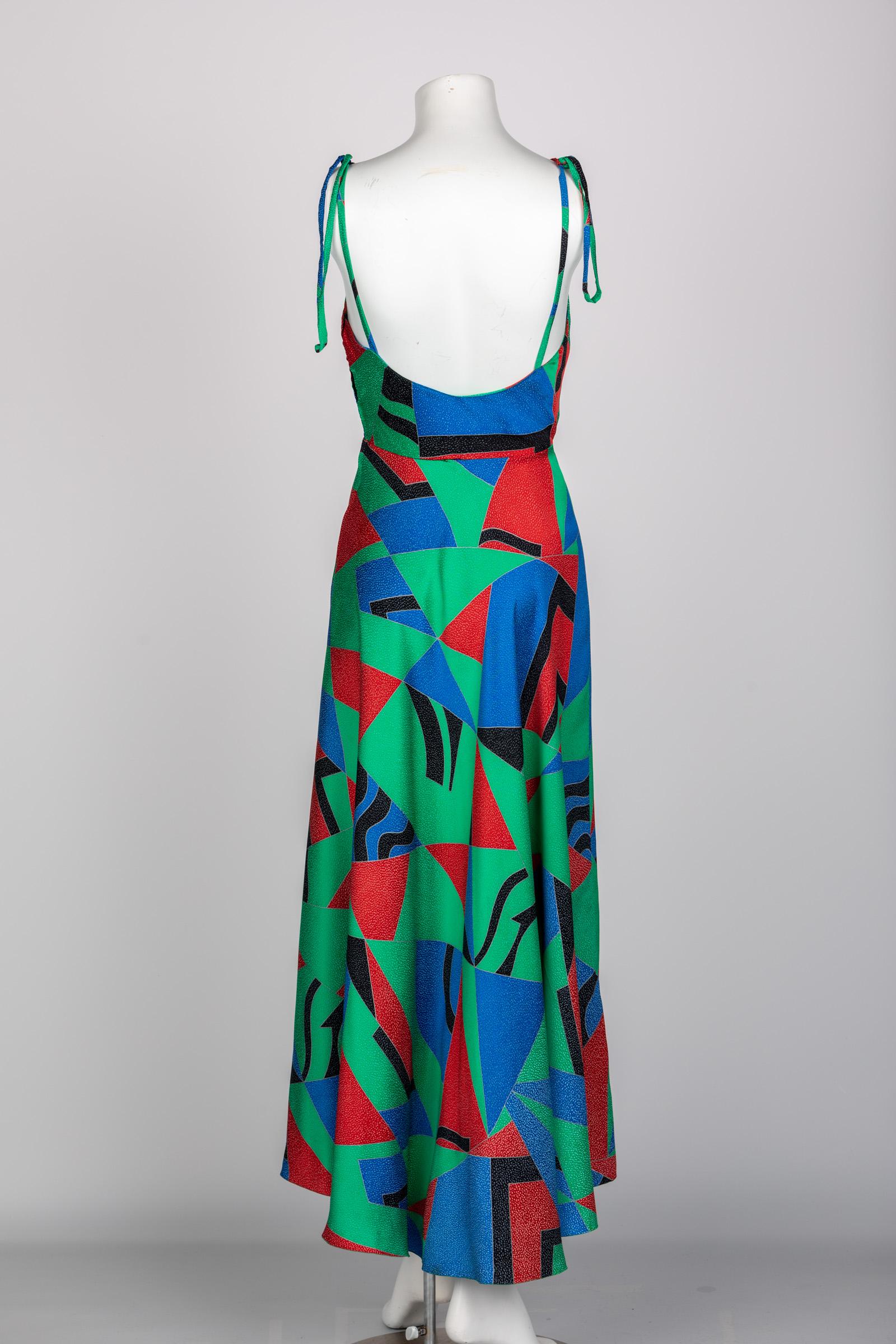 Robe sans manches en soie imprimée verte cubiste Chloe Karl Lagerfeld, 1970 en vente 1