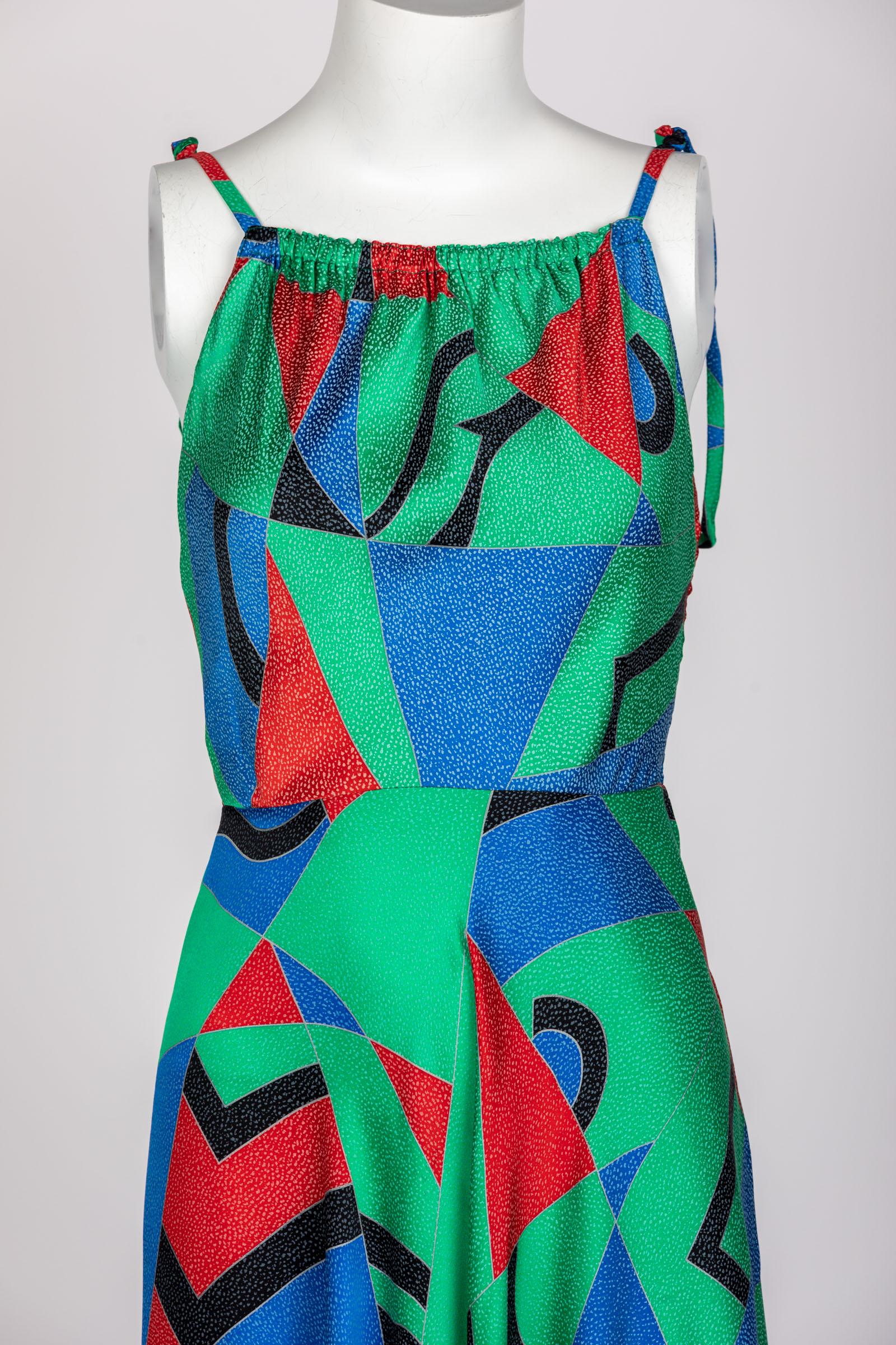 Chloe Karl Lagerfeld Cubist Green Silk Print Sleeveless Dress, 1970s For Sale 2