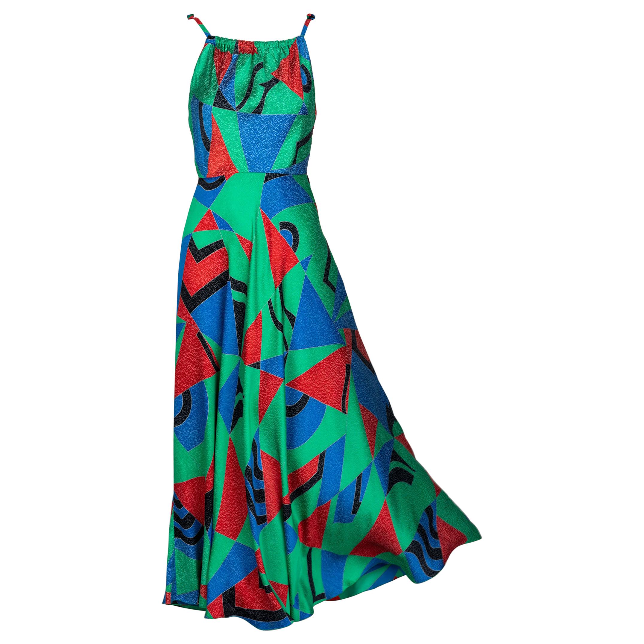 Chloe Karl Lagerfeld Cubist Green Silk Print Sleeveless Dress, 1970s For Sale