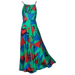 Robe sans manches en soie imprimée verte cubiste Chloe Karl Lagerfeld, 1970