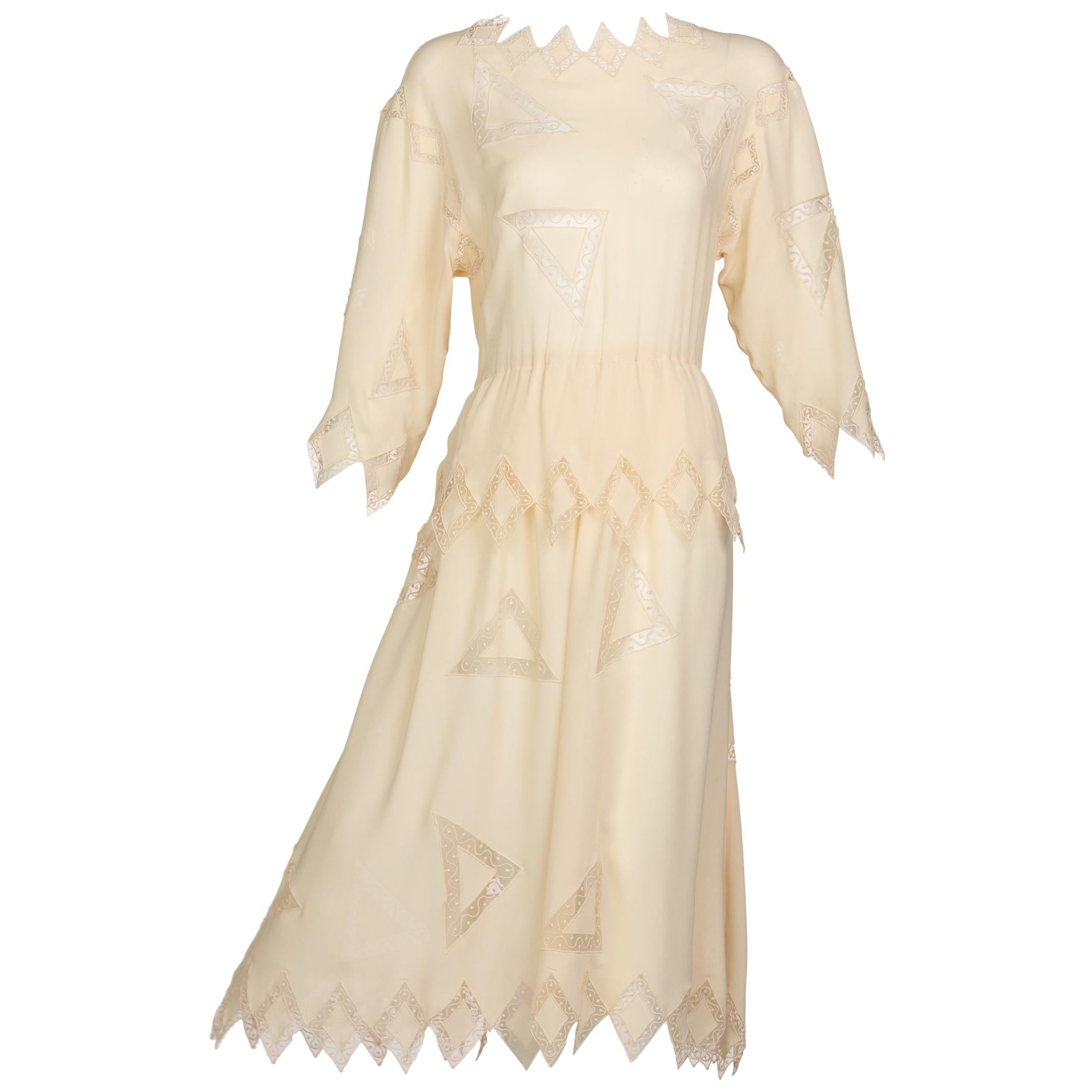 Incredibly Rare Fall 1979 Chloe by Karl Lagerfeld Couture Runway Ivory Chiffon & Lace Dress w pearl Details
