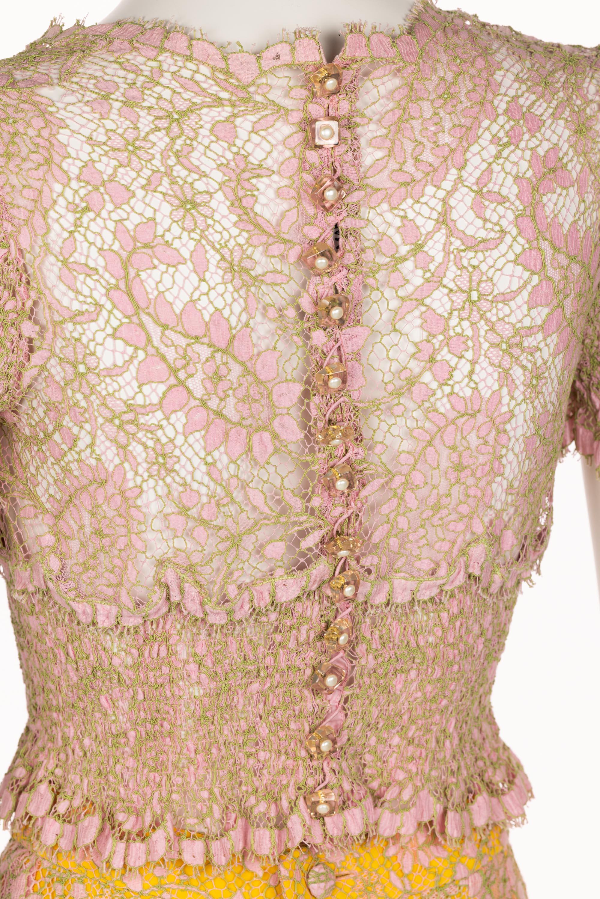 Chloé Karl Lagerfeld  Pink Yellow Lace Top & Skirt Set, 1990s 3