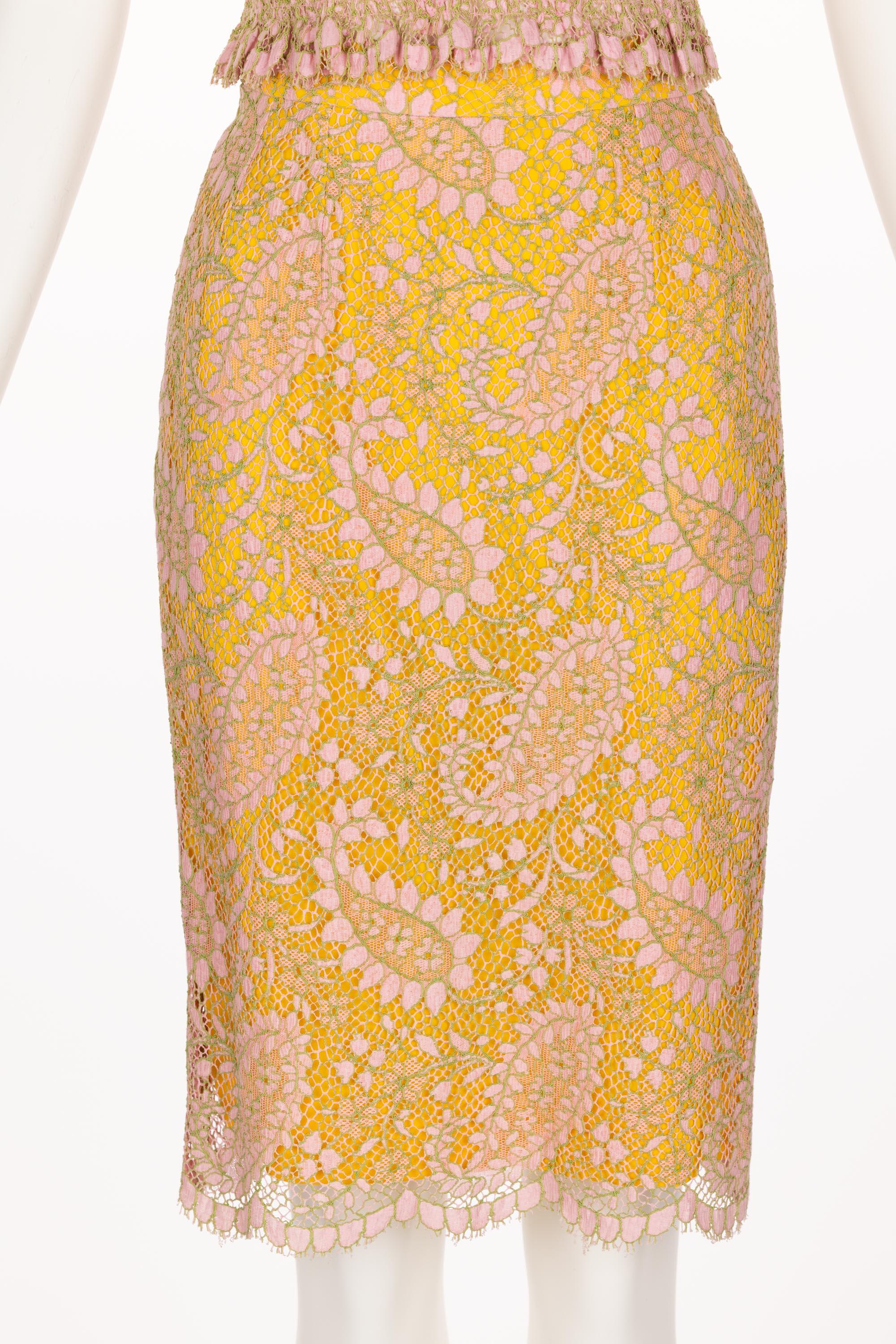 Chloé Karl Lagerfeld  Pink Yellow Lace Top & Skirt Set, 1990s 5