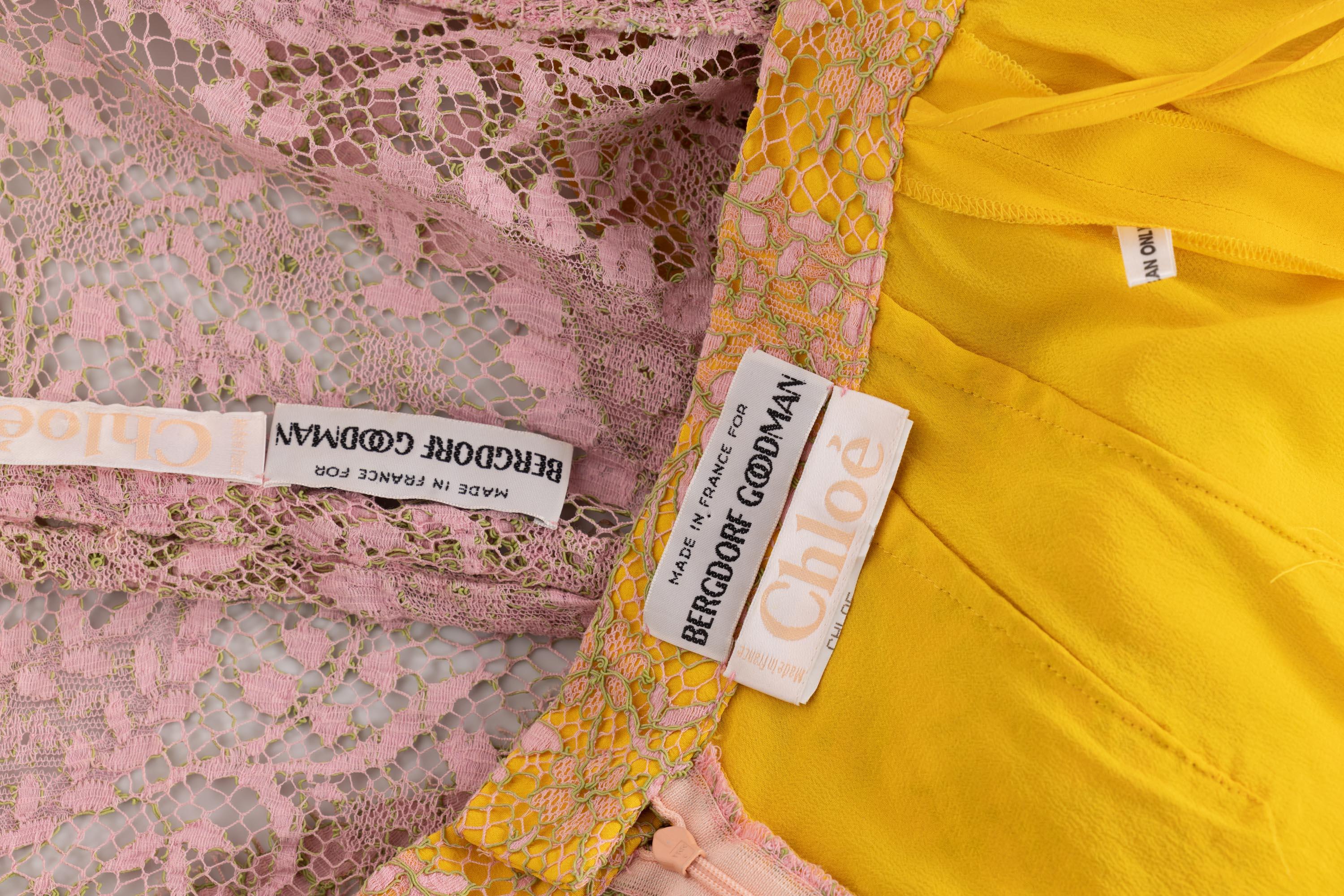 Chloé Karl Lagerfeld  Pink Yellow Lace Top & Skirt Set, 1990s 6