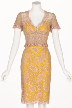 Chloé Karl Lagerfeld  Pink Yellow Lace Top & Skirt Set, 1990s