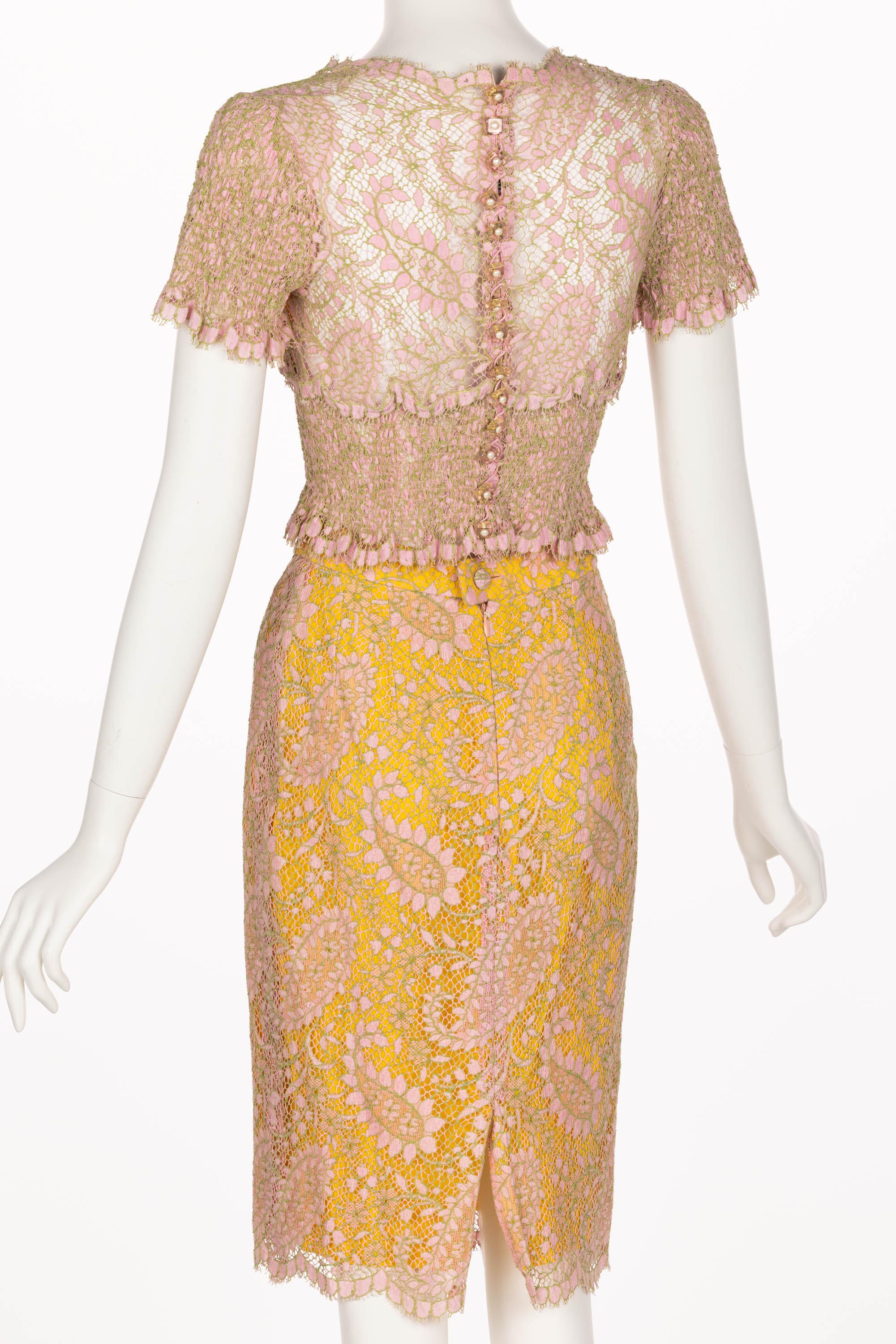 Beige Chloé Karl Lagerfeld  Pink Yellow Lace Top & Skirt Set, 1990s