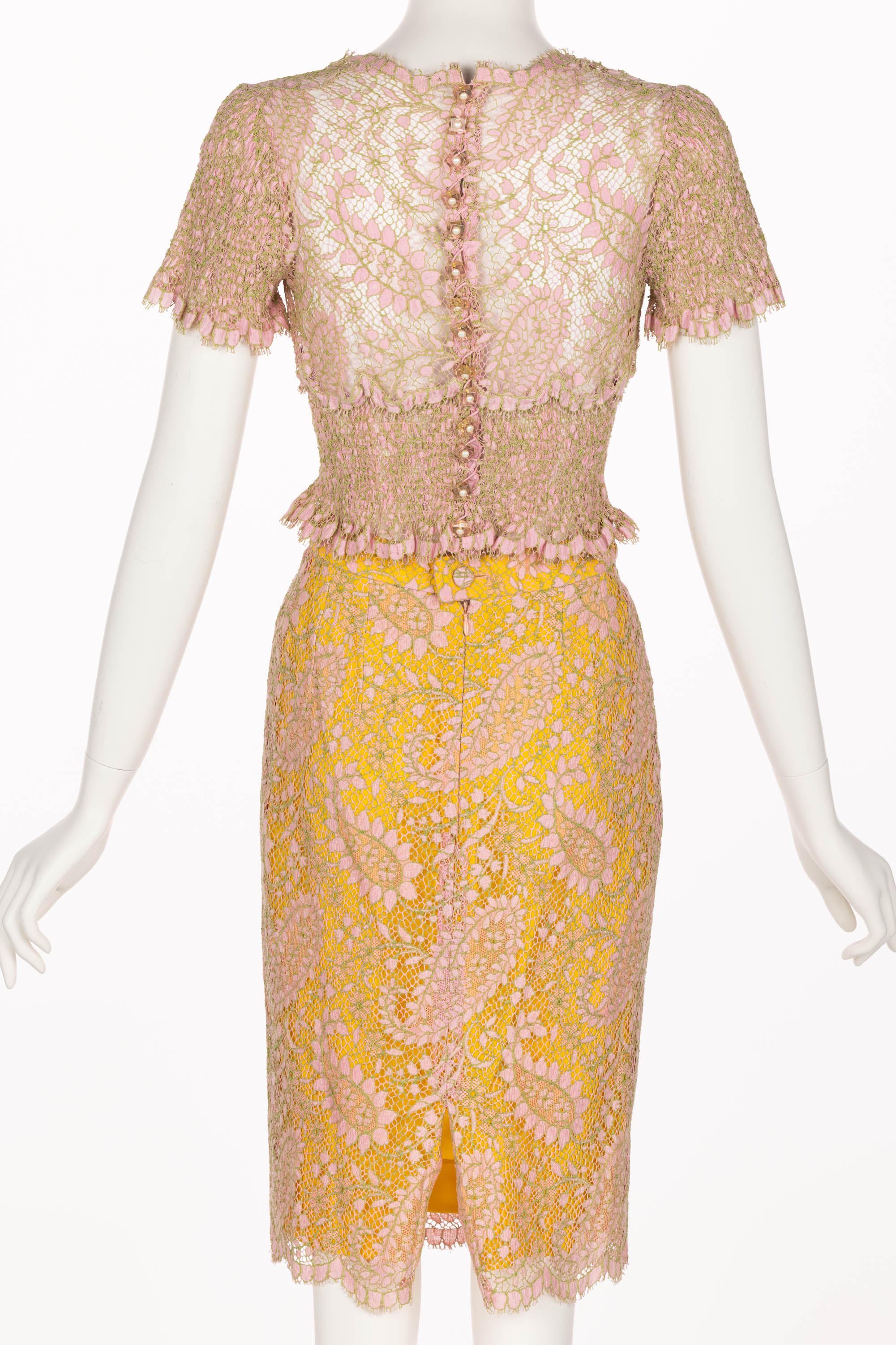Chloé Karl Lagerfeld  Pink Yellow Lace Top & Skirt Set, 1990s In Excellent Condition In Boca Raton, FL