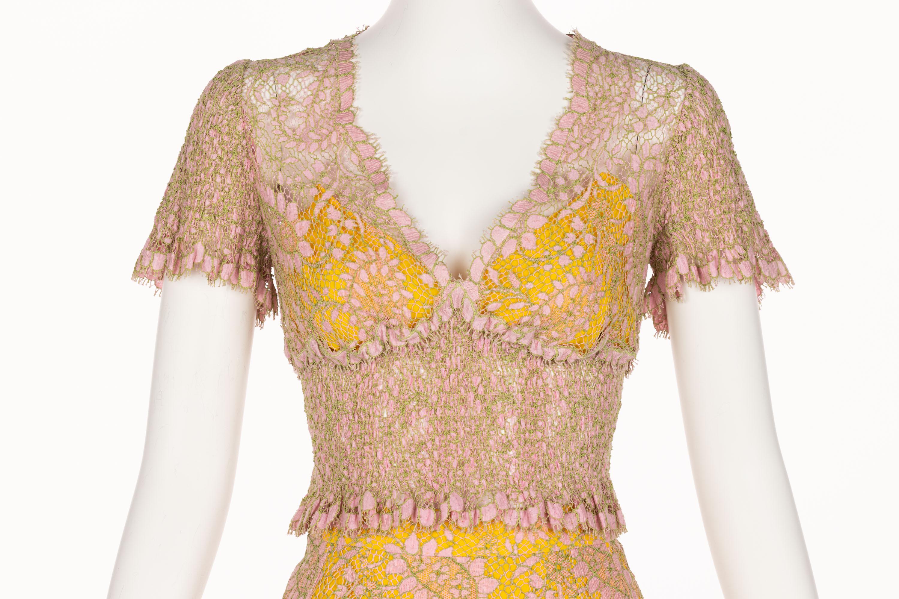 Women's Chloé Karl Lagerfeld  Pink Yellow Lace Top & Skirt Set, 1990s