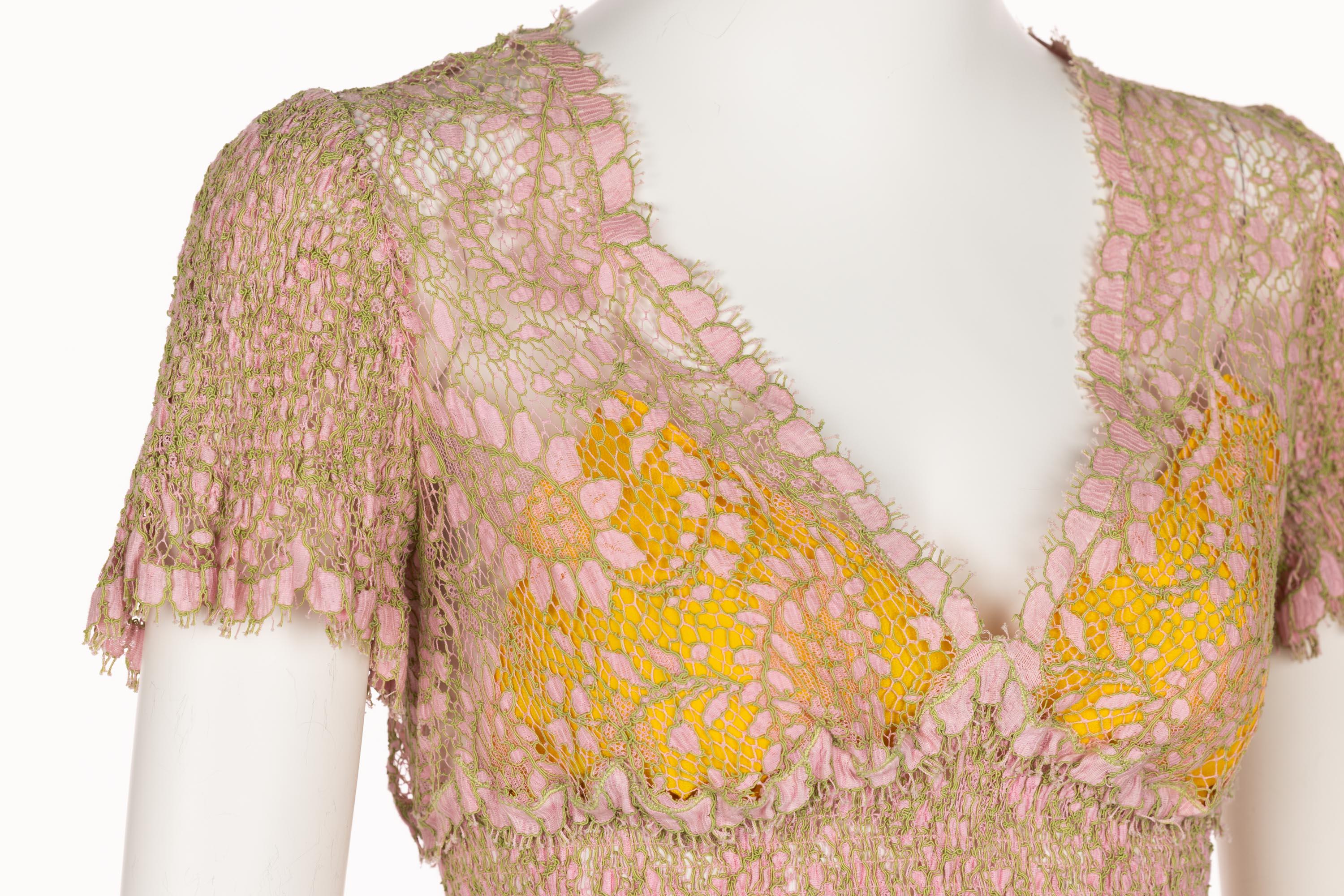 Chloé Karl Lagerfeld  Pink Yellow Lace Top & Skirt Set, 1990s 1