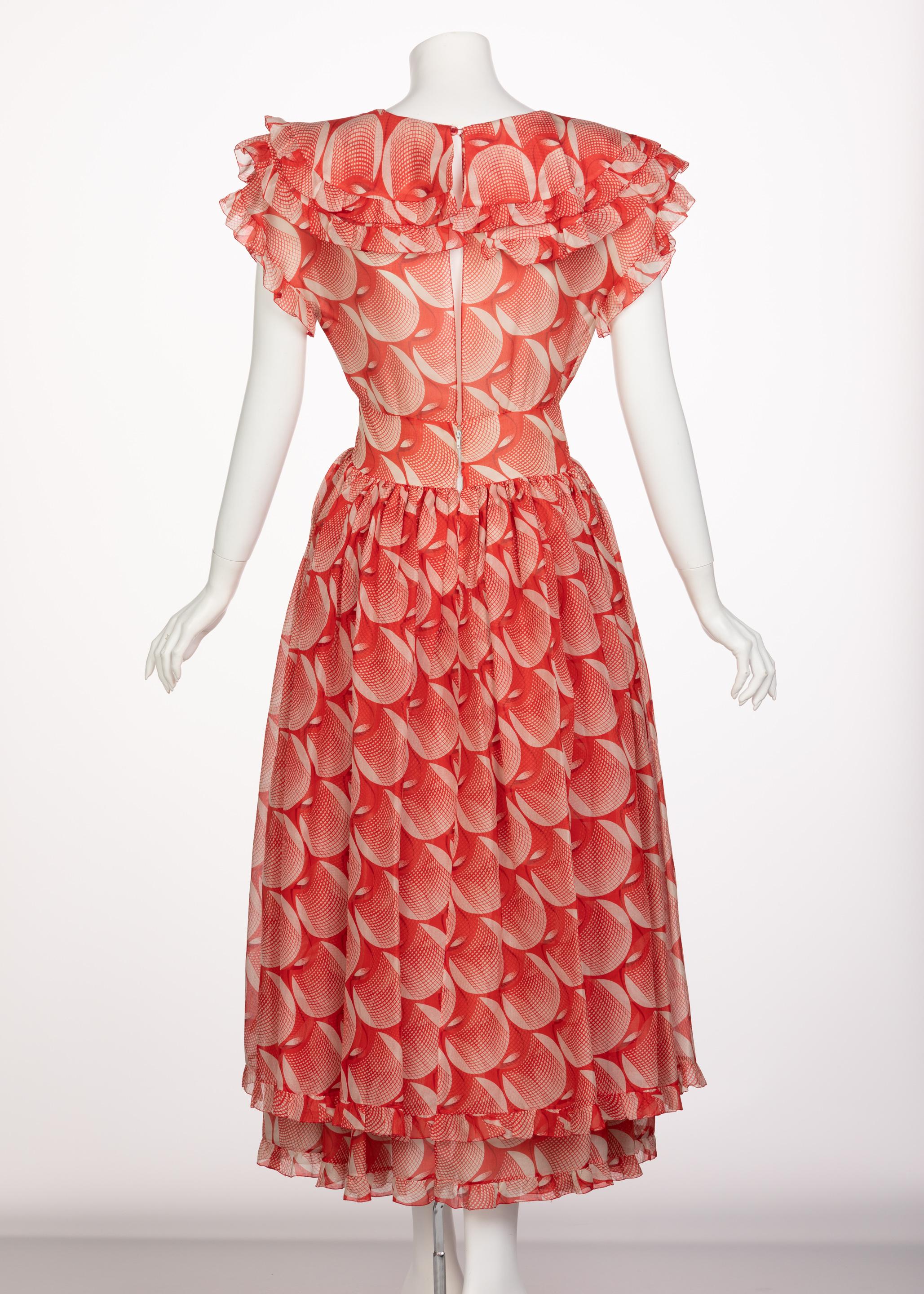Chloe Karl Lagerfeld Red White Printed Silk Dress Runway 1982 In Excellent Condition In Boca Raton, FL