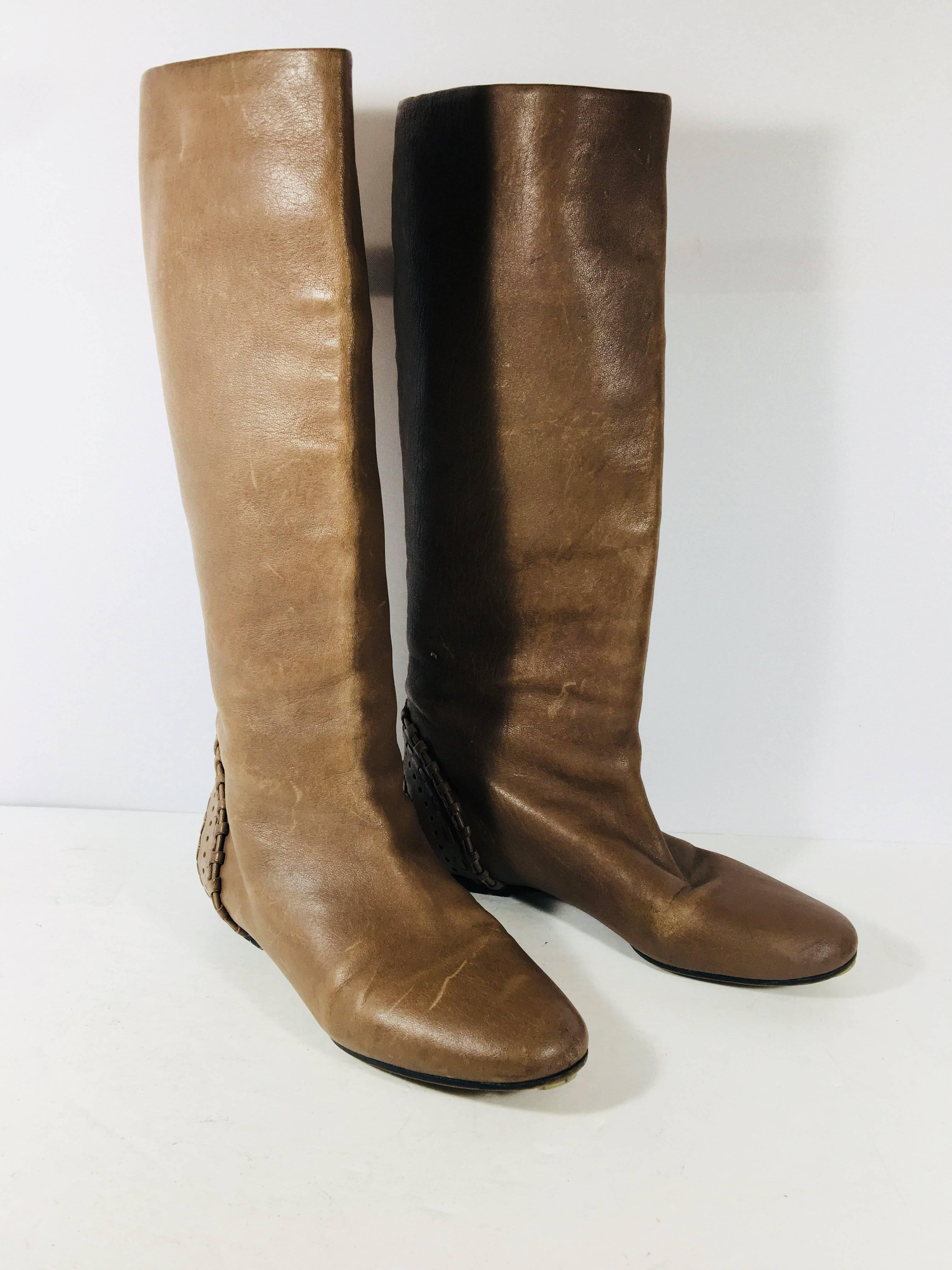 Chloe Knee High Boots in Brown Leather with Stitching at Heel.