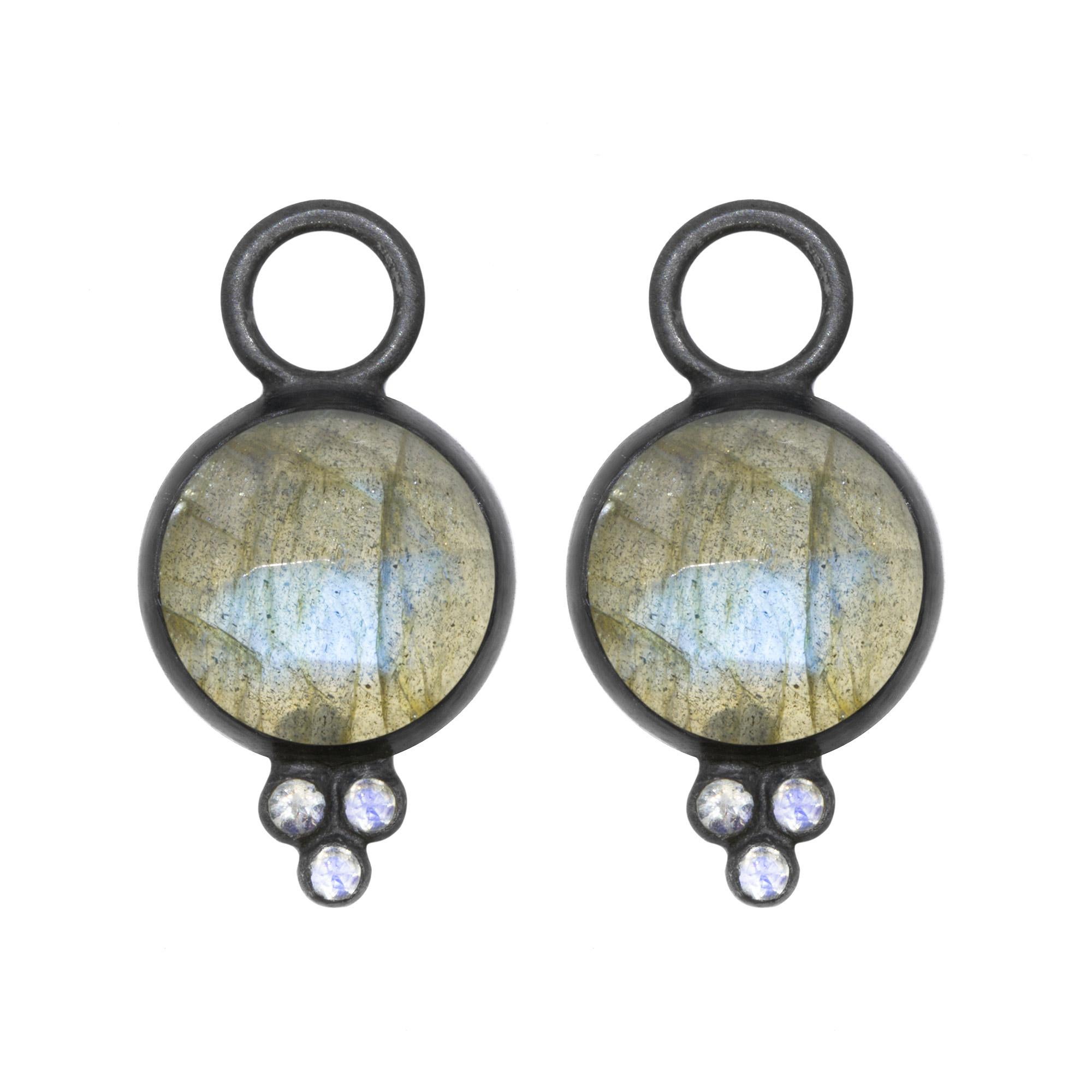 Rose Cut Chloe Labradorite Charms and Intricate Oxidized Reversible Huggies Earrings For Sale