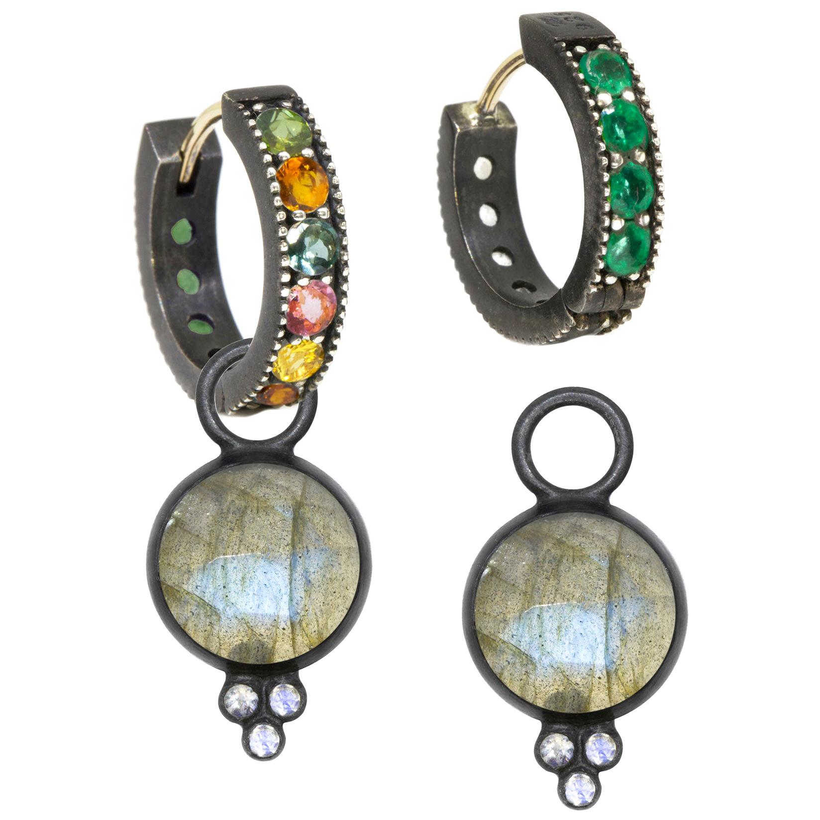 Chloe Labradorite Charms and Intricate Oxidized Reversible Huggies Earrings